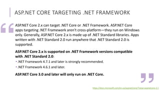 ASP.NET Core 2.x can target .NET Core or .NET Framework. ASP.NET Core
apps targeting .NET Framework aren't cross-platform—...