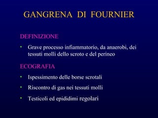 GANGRENA DI FOURNIER
DEFINIZIONE
• Grave processo infiammatorio, da anaerobi, dei
tessuti molli dello scroto e del perineo
ECOGRAFIA
• Ispessimento delle borse scrotali
• Riscontro di gas nei tessuti molli
• Testicoli ed epididimi regolari
 