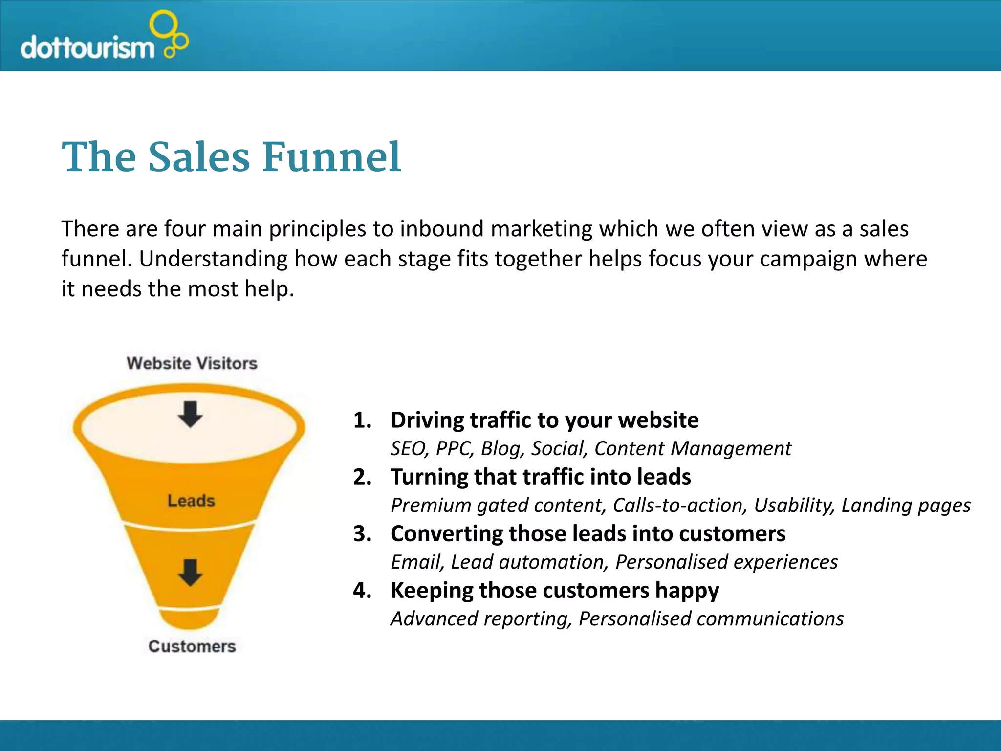 The Sales Funnel
There are four main principles to inbound marketing which we often view as a sales
funnel. Understanding how each stage fits together helps focus your campaign where
it needs the most help.

1. Driving traffic to your website
SEO, PPC, Blog, Social, Content Management

2. Turning that traffic into leads
Premium gated content, Calls-to-action, Usability, Landing pages

3. Converting those leads into customers
Email, Lead automation, Personalised experiences

4. Keeping those customers happy
Advanced reporting, Personalised communications

 