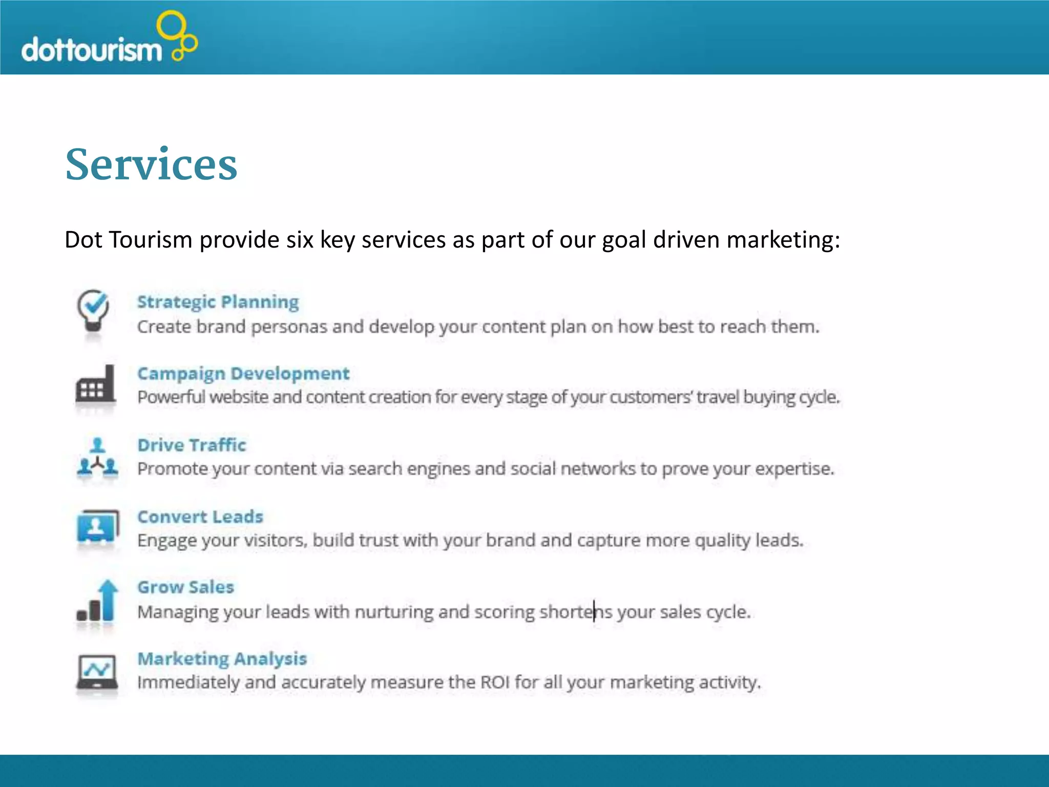 Services
Dot Tourism provide six key services as part of our goal driven marketing:

 
