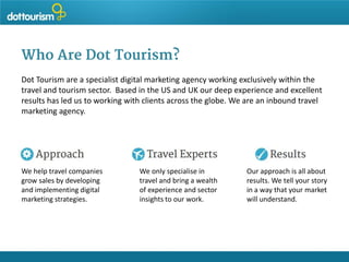 Who Are Dot Tourism?
Dot Tourism are a specialist digital marketing agency working exclusively within the
travel and tourism sector. Based in the US and UK our deep experience and excellent
results has led us to working with clients across the globe. We are an inbound travel
marketing agency.

We help travel companies
grow sales by developing
and implementing digital
marketing strategies.

We only specialise in
travel and bring a wealth
of experience and sector
insights to our work.

Our approach is all about
results. We tell your story
in a way that your market
will understand.

 