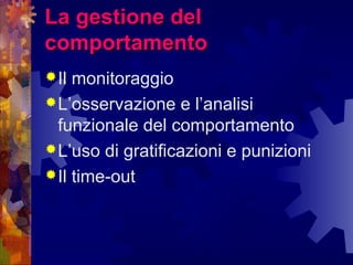 La gestione delLa gestione del
comportamentocomportamento
Il monitoraggio
L’osservazione e l’analisi
funzionale del comportamento
L’uso di gratificazioni e punizioni
Il time-out
 