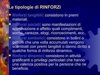 Le tipologie di RINFORZI
 Rinforzi tangibili: consistono in premi
materiali.
 Rinforzi sociali: sono manifestazioni di
approvazione e affetto quali complimenti,
sorrisi, carezze, elogi, riconoscimenti, ecc..
 Rinforzi simbolici: consistono in bollini o
gettoni che una volta accumulati vengono
scambiati con premi tangibili o danno diritto a
qualche forma di rinforzo dinamico.
 Rinforzi dinamici: consistono in attività
gratificanti o privilegi particolari che hanno
una valenza positiva per la persona che ne
beneficia.
 