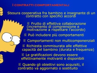    
I contratti comportamentali
Stesura cooperativa fra bambino e insegnante di un
contratto con specifici accordi
 Frutto di effettiva collaborazione
(incremento di comprensione e
motivazione a rispettare l’accordo)
 Può includere più comportamenti
 Comportamenti non multicomponenziali
 Richiesta commisurata alle effettive
capacità del bambino (durata e frequenza)
 Le gratificazioni devono essere
effettivamente motivanti e disponibili
 Quando gli obiettivi sono acquisiti, il
contratto va aggiornato o sostituito
 