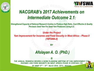 NACGRAB’s 2017 Achievements on
Intermediate Outcome 2.1:
Strengthened Capacity of National Research Centres to Produce High Ratio, Cost Effective & Quality
Pre-basic Seed Yam For Seed Yam Producers Using A.S.
Under the Project
Yam Improvement for Incomes and Food Security in West Africa – Phase II
(YIIFSWA-II)
BY
Afolayan A. O. (PhD.)
@
THE ANNUAL PROGRESS REVIEW & WORK PLANNING MEETING OF YAM IMPROVEMENT FOR
INCOMES AND FOOD SECURITY IN WEST AFRICA-PHASE II (YIIFSWA-II)
BY BMGF 5TH - 8TH March 2018, IITA, IBADAN
 