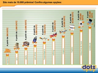 São mais de 10.000 prêmios! Confira algumas opções: A partir de  500 DOTZ A partir de  1.000 DOTZ A partir de  2.000 DOTZ A partir de  5.000 DOTZ A partir de  7.000 DOTZ A partir de  10.000 DOTZ A partir de  30.000 DOTZ A partir de 50.000 DOTZ A partir de 100.000 DOTZ A partir  250.000 DOTZ 