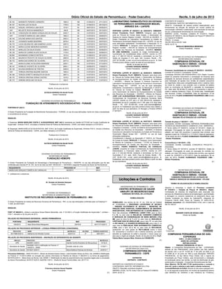 14 Diário Oficial do Estado de Pernambuco - Poder Executivo Recife, 5 de julho de 2013
LABORATÓRIO FARMACÊUTICO DO ESTADO
DE PERNAMBUCO GOVERNADOR MIGUEL
ARRAES S/A – LAFEPE
PORTARIA LAFEPE Nº 020/2013 de 22/04/2013. EMISSOR:
Diretor Presidente, Fls.01. EMENTA: Designar, para atuar
junto ao Tribunal de Contas deste Estado, o Gerenciador de
Sistema do módulo Registro Contábil - RECON do SAGRES. O
Diretor Presidente do Laboratório Farmacêutico do Estado de
Pernambuco Governador Miguel Arraes S/A - LAFEPE, no uso de
suas atribuições estatutárias: Considerando a Resolução TC nº
21/2012; RESOLVE: 1- Designar, como Gerenciador do módulo
Registro Contábil – RECON do Sistema de Acompanhamento
da Gestão dos Recursos da Sociedade - SAGRES, MANOEL
DE LIMA BARBOSA, ocupante do Cargo Comissionado de
Coordenador de Contabilidade deste LAFEPE, inscrito no CPF
sob o nº 880.721.344-34, residente e domiciliado na rua Frei
Teóﬁlo de Virgoleta nº 415, apto. 305, Cordeiro, Recife – PE,
CEP 50,720-660, e-mail manoel.barbosa@lafepe.pe.gov.br. 2- Esta
Portaria produz efeitos a partir da data da sua assinatura.
Recife, 22 de abril de 2013.
LUCIANO VASQUEZ MENDEZ
Diretor Presidente - LAFEPE
PORTARIA LAFEPE Nº 026/2013 de 20/06/2013. EMISSOR:
Diretor Presidente, Fls.01. EMENTA: Designar, para atuar junto
ao Tribunal de Contas deste Estado, o Gerenciador de Sistema
de Acompanhamento da Gestão dos Recursos da Sociedade
– SAGRES – Módulo de Pessoal. A Diretoria Executiva do
Laboratório Farmacêutico do Estado de Pernambuco Governador
Miguel Arraes S/A - LAFEPE, no uso de suas atribuições
estatutárias: Considerando o disposto na Resolução nº 20/2012,
do Tribunal de Contas do Estado; RESOLVE: 1- Designar,
como Gerenciador de Sistema de Acompanhamento da Gestão
dos Recursos da Sociedade – SAGRES – Módulo de Pessoal,
JOSÉ LUIZ ALBUQUERQUE MACHADO, ocupante do Cargo
Comissionado de Coordenador de Recursos Humanos deste
LAFEPE, inscrito no CPF sob o nº 030.156.614-34, residente e
domiciliado na rua Dr. Leopoldo Lins nº 185, apto. 012, Boa Vista,
Recife – PE, CEP 50.050-300, e-mail jose.machado@lafepe.
pe.gov.br. 2- Estabelecer que esta portaria produz seus efeitos a
partir da data de sua assinatura. 3- Revogar a Portaria DPRES
nº 047/2011.
Recife, 20 de junho de 2013.
LUCIANO VASQUEZ MENDEZ
Diretor Presidente - LAFEPE
PORTARIA LAFEPE Nº 027/2013 de 04/07/2013. EMISSOR:
Diretor Presidente, Fls.01. EMENTA: Designar, para atuar junto
ao Tribunal de Contas deste Estado, o Gerenciador do Módulo de
Licitações e Contratos – LICON, do Sistema de Acompanhamento
da Gestão dos Recursos da Sociedade – SAGRES. A Diretoria
Executiva do Laboratório Farmacêutico do Estado de Pernambuco
Governador Miguel Arraes S/A - LAFEPE, no uso de suas
atribuições estatutárias:
Considerando o disposto na Resolução nº 19/2012, do Tribunal
de Contas do Estado; RESOLVE: 1- Designar, como Gerenciador
do Módulo de Licitações e Contratos – LICON, do Sistema de
Acompanhamento da Gestão dos Recursos da Sociedade –
SAGRES, PEDRO ROBERTO PONTUAL DE CARVALHO
JUNIOR, ocupante do Cargo Comissionado de Superintendente
Administrativo e Financeiro deste LAFEPE, inscrito no CPF
sob o nº 032.402.764-88, residente e domiciliado na Rua Luiz
Guimarães nº 411, apto. 303H, Poço da Panela, Recife – PE,
CEP 52.061-160, e-mail pedro.carvalho@lafepe.pe.gov.br. 2-
Estabelecer que esta portaria produz seus efeitos a partir da data
de sua assinatura.
Recife, 04 de julho de 2013.
LUCIANO VASQUEZ MENDEZ
Diretor Presidente - LAFEPE
(F)
Licitações e Contratos
UNIVERSIDADE DE PERNAMBUCO – UPE
CENTRO INTEGRADO DE SAÚDE
AMAURY DE MEDEIROS/CISAM
COMISSÃO SETORIAL DE LICITAÇÃO
HOMOLOGAÇÃO
HOMOLOGO, nos termos do Art. 4º, inc. XXII da Lei Federal
Nº 10.520/2002, o PROCESSO LICITATÓRIO Nº 007/2013
– PREGÃO ELETRÔNICO Nº 007/2013 – REGISTRO DE
PREÇOS PARA EVENTUAL FORNECIMENTO DE MATERIAL
DESCARTÁVEL, POR UM PERÍODO DE 12 (DOZE) MESES, em
favor das empresas: COMERCIAL LASER LTDA, para os itens
3 e 16, no valor total de R$4.497,60, CONSERVI COMÉRCIO
E SERVIÇOS DE CONSERVAÇÃO DE BENS IMÓVEIS LTDA
ME, para os itens 5, 6, 7 e 8, no valor total de R$35.005,20,
CRISTIANE DIAS DE ARÁUJO-ME, para o item 17, no valor total
de R$1.956,00, L.O. SOARES DE MORAES-ME, para o item 1, no
valor total de R$62.040,00, RDM SUPRIMENTOS COMERCIAL
LTDA, para o item 13 e 14, no valor total de R$10.500,00,
perfazendo um valor global de R$113.998,80 (cento e treze
mil, novecentos e noventa e oito e oitenta centavos), por terem
atendido às exigências do edital e proposto o menor preço por
item para o objeto da licitação. Recife, 04 de julho de 2013. Profª.
Fátima Maria Campos Maia. Diretora do CISAM/UPE.
(F)
GOVERNO DO ESTADO DE PERNAMBUCO
SECRETARIA DA CASA CIVIL
COMPANHIA EDITORA DE
PERNAMBUCO - CEPE
EXTRATOS
DISTRATO - CONTRATO
DISTRATO AO CONTRATO Nº 019/2010
CONTRATADA: SAFETEC INFORMÁTICA LTDA.
OBJETO: Rescisão contratual amigável.
AMPARO LEGAL: Art.79, inciso II da Lei Federal Nº 8.666/93.
DATA: 30.04.13.
CONTRATO Nº 018/2013
CONTRATADA: SAFETEC INFORMÁTICA LTDA.
OBJETO: Contratação de pessoa jurídica especializada para
fornecimento de solução de serviços em nuvem pública de
comunicação uniﬁcada e colaboração, para aquisição de licenças
de uso, contemplando ferramentas de comunicação.
AMPARO LEGAL: Processo Licitatório Nº 012/2013, Pregão
Eletrônico Nº 009/2013, Ata de Registro de Preços Nº 006/2013 e
Lei Federal Nº 8.666/93.
PRAZO: 12 meses.
VALOR: R$ 23.520,00 / total.
DATA: 02.07.13.
BRÁULIO MENDONÇA MENESES
Diretor Presidente - Interino
GOVERNO DO ESTADO DE PERNAMBUCO
SECRETARIA DAS CIDADES
COMPANHIA ESTADUAL DE
HABITAÇÃO E OBRAS - CEHAB
RESUMO DE CONTRATO
Processo: Inexibilidade de Licitação Nº 002/2013 - GAJE/DJ
Contrato Nº 015/2013; Contratante: CEHAB
Contratada: MOURA LINS ENGENHARIA LTDA; Objeto: Constitui
objeto do presente instrumento a contratação de empresa para
prestação de serviços técnicos por proﬁssionais especializados
para realização de ajustes e/ou revisão de projetos executivos
de engenharia viária para compatibilização entre o sistema viário
do Canal do Jordão e sua conexão com a estrada da batalha
entre os municípios do Recife/PE e Jaboatão do Guararapes/
PE; Valor total: R$ 80.984,70 (oitenta mil novecentos e oitenta e
quatro e setenta centavos); Prazo: 30 (trinta) dias; Classiﬁcação
dos recursos: Fontes: 0134000000; Data da assinatura: 19 de
junho de 2013; FLAVIO GUIMARAES FIGUEIREDO LIMA-Diretor
Presidente.
(F)
GOVERNO DO ESTADO DE PERNAMBUCO
SECRETARIA DAS CIDADES
COMPANHIA ESTADUAL DE
HABITAÇÃO E OBRAS - CEHAB
RESUMO DE ALTERAÇÃO DE CONTRATO
Tomada de preço n° 003/2011 – CPL
Contratante: CEHAB; Contratada: EMPRESA PERNAMBUCANA
TECNICA DE ENGENHARIA E COMERCIO LTDA - EMPERTEC;
3º Termo Aditivo Nº 049/2013, contrato Nº 001/2011; Objeto da
alteração: Prorrogação do prazo de execução do contrato ora
aditado, por mais 240 (duzentos e quarenta) dias corridos, que
vigorará a partir de 17/03/2013 a 11/11/2013; Data da assinatura:
14 de março de 2013; FLAVIO GUIMARAES FIGUEREDO LIMA
- Diretor Presidente.
Concorrência n° 001/2010 – CEL
Contratante: CEHAB; Contratada: CONSORCIO PROJETEC -
DIAGONAL;
2º Termo Aditivo Nº 037/2013, contrato Nº 066/2010; Objeto da
alteração: Prorrogação do prazo de execução do contrato ora
aditado, por mais 180 (cento e oitenta) dias corridos, que vigorará
a partir de 12/05/2013 a 07/11/2013; Data da assinatura: 06 de
maio de 2013; FLAVIO GUIMARAES FIGUEREDO LIMA -
Diretor Presidente.
(F)
SECRETARIA DAS CIDADES
COMPANHIA ESTADUAL DE
HABITAÇÃO E OBRAS - CEHAB
COMISSÃO PERMANENTE DE LICITAÇÃO DE
OBRAS E SERVIÇOS DE ENGENHARIA - CPLOSE
TERMO DE ADJUDICAÇÃO E HOMOLOGAÇÃO
Adjudico e Homologo o objeto do Processo Licitatório
Nº 010/2013 – Tomada de Preços Nº 004/2013. Objeto:
Contratação de empresa de engenharia para execução dos
serviços de infraestrutura básica de terraplenagem, pavimentação
e drenagem no conjunto residencial do loteamento Nova Laje
Grande, localizada na cidade de Catende/PE, integrante do
Programa FNHIS 2008, Plano de Trabalho Nº 0250.279-33.
Empresa vencedora: JCL ENGENHARIA LTDA, com o valor de
R$ 151.393,07.
Recife, 03 de julho de 2013.
WAGNER COSTA DE SOUZA LIMA
Diretor de Gestão
(F)
ÁCOMPANHIA PERNAMBUCANA DE GÁS-
COPERGÁS
CNPJ – 41.025.313/0001-81
AVISO DE LICITAÇÃO
REPUBLICAÇÃO
PREGÃO PRESENCIAL Nº 024.13
Objeto: A Companhia Pernambucana de Gás - COPERGÁS,
através do seu PREGOEIRO, torna público que fará realizar,
de acordo com a Lei Nº 10.520 de 17 de julho de 2002 e Lei
Nº 8.666 de 21 de junho de 1993 e suas alterações, PREGÃO
PRESENCIAL, do tipo Menor Preço Global, sob o regime de
Empreitada por Preço Unitário, para fornecimento e instalação
de sinalização aérea, tipo tachão, na rede de distribuição de gás,
pertencente a Copergás – Companhia Pernambucana de Gás.
Valor Máximo: R$ R$ 492.177,80 (quatrocentos e noventa e
dois mil, cento e setenta e sete reais e oitenta centavos).
Consulta/Retirada do Edital: Através do site www.copergas.com.
br, ou de segunda a sexta-feira, em horário de expediente externo
(das 08h00min às 12h00min e das 14h00min às 17h30min),
88.193 MARINETE PEREIRA CARNEIRO 1995-0 180 01/06/2013 27/11/2013
88.197 NILSON LUIZ DA SILVA 1759-0 150 01/06/2013 28/10/2013
88.202 RAQUEL VERONICA LIMA SEVE 1019-7 60 08/07/2013 05/09/2013
S/N° BELIZETE ROCHA WANDERLEY 248-8 180 04/07/2013 30/12/2013
88.176 CONCEIÇÃO DE MARIA GONÇALVES DE SOUZA 2445-7 30 01/07/2013 30/07/2013
S/N° DVONETE MARIA DE LIMA LEMOS 1962-3 60 01/07/2013 29/08/2013
88.145 EDLENE MARIA DOS SANTOS 2593-3 90 01/06/2013 29/08/2013
88.151 LEONIDES NUNES BEZERRA 2679-4 30 01/07/2013 30/07/2013
88.175 LUCIA HELENA DE LIMA SAMPAIO LUCAS 2267-5 30 01/07/2013 30/07/2013
88.155 MARIA CLEIDE MEDEIROS MORAES 2142-3 30 01/07/2013 30/07/2013
88.150 MARLUCE DA SILVA SOUSA 2368-0 30 01/08/2013 30/08/2013
88.129 MARIA DO CARMO ALVES DA SILVA 1178-9 30 01/08/2013 30/08/2013
88.065 MAXIMIANO DOMICIO BATISTA 1615-2 150 01/08/2013 28/12/2013
88.189 MAURICIO PEIXOTO DE SOUZA OLIVEIRA 2890-8 30 01/07/2013 30/07/2013
88.172 MARIA DAS DORES DE OLIVEIRA 2077-0 30 02/07/2013 31/07/2013
S/N° MARIA ELIANE DA SILVEIRA ANDRADE 2255-1 180 01/07/2013 27/12/2013
88.147 ROMILDO VICENTE DE OLIVEIRA 2854-1 90 03/06/2013 3108/2013
88.148 SILVANA BARBOSA DE FREITAS 2289-6 30 01/07/2013 30/07/2013
S/N° TEREZA CRISTINA NAZARE SANTOS 1550-4 30 01/07/2013 30/07/2013
88.166 TEREZA GORETTI MESQUITA DA SILVA 2867-3 30 01/07/2013 30/07/2013
88.170 TEREZA CRISTINA VERAS CASTRO 1016-2 30 02/07/2013 31/07/2013
88.173 ZARENE ARCELINO DA SILVA 832-0 30 02/07/2013 31/07/2013
Publique-se e cumpra-se
Recife, 03 de julho de 2013.
EUTACIO BORGES DA SILVA FILHO
Diretor Presidente (F)
GOVERNO DO ESTADO DE PERNAMBUCO
FUNDAÇÃO DE ATENDIMENTO SÓCIOEDUCATIVO - FUNASE
PORTARIA Nº 203/13
O Diretor Presidente da Fundação de Atendimento Socioeducativo - FUNASE, no uso de suas atribuições, tendo em vista a necessidade
e conveniência do serviço.
RESOLVE:
I- Dispensar, MARIA MARLENE COSTA C. ALBUQUERQUE, MAT. 942-3, Assistente em Gestão AUT/FUND da Função Gratiﬁcada de
Supervisão - símbolo FGS-II, vinculada a Diretoria Geral de Política de Atendimento - DGPA, com efeito retroativo a 01/07/2013.
II- Dispensar, MARIA ADÉLIA DA SILVA ROCHA, MAT. 619-0, da Função Gratiﬁcada de Supervisão, Símbolo FGS II, vincula a Diretoria
Geral de Política de Atendimento – DGPA, com efeito retroativo a 01/07/2013.
Publique-se e Cumpra-se.
Recife, 03 de julho de 2013.
EUTÁCIO BORGES DA SILVA FILHO
Diretor Presidente
(F)
GOVERNO DO ESTADO DE PERNAMBUCO
SECRETARIA DE SAÚDE
FUNDAÇÃO HEMOPE
O Diretor Presidente da Fundação de Hematologia e Hemoterapia de Pernambuco – HEMOPE, no uso das atribuições que lhe são
conferidas pelo Decreto Nº 30. 401, de 03 de maio de 2007. RESOLVE: I - DEFERIR o seguinte Processo de Abono de Permanência:
REQUERENTE PROCESSO Nº MAT.
MARIA DAS GRAÇAS FONSÊCA DE CARVALHO 403/2013 206-2
II - publique-se e cumpra-se.
Recife, 04 de julho de 2013.
Dr. Divaldo de Almeida Sampaio
Diretor Presidente.
(F)
GOVERNO DE PERNAMBUCO
SECRETARIA DE ADMINISTRAÇÃO - SAD
INSTITUTO DE RECURSOS HUMANOS DE PERNAMBUCO - IRH
O Diretor Presidente do Instituo de Recursos Humanos de Pernambuco - IRH, no uso das atribuições conferidas pela Lei Estadual nº.
11.925, de 02/01/2001.
RESOLVE:
PORT. Nº 099/2013 – Atribuir a servidora Sinara Ribeiro Maranhão, mat. nº 22.259-3, a Função Gratiﬁcada de Supervisão 1, símbolo –
FGS-1, retroativo a 02 de julho de 2013.
RELAÇÃO DE PROCESSOS DEFERIDOS - ABONO PERMANÊNCIA
PORTARIA REQUERENTE MAT. PROCESSO
100/2013 Nara Silvia Alves Mangueira 20418-8 9417177-0/2013
RELAÇÃO DE PROCESSOS DEFERIDOS - LICENÇA-PRÊMIO/CERTIDÃO (CONCESSÃO)
PROCESSO NOME MATRÍCULA DECÊNIO PERÍODO AQUISITIVO
9417066-6/2013 Katharine de Almeida Correia 202313-0 3º 2001/2011
RELAÇÃO DE PROCESSOS INDEFERIDOS – INSCRIÇÃO DE DEPENDENTES NO SASSEPE
VÍNCULO PROCESSO NOME MATRÍCULA
UPE 9420501-3/2013 Islanita Cecília Alcantara de Albuquerque 12132-0
Secretaria de Saúde
9420508-1/2013 (ratiﬁcação do Parecer nº
140/2013 - UNSE
Arnaldo José de Lima 121827-1
Secretaria de Saúde 9416231-8/2013 Maria Betânia Pedrosa de Almeida 243910-7
Processos Deferidos – 9400179-3/2013 – Miriam de Almeida Soares Veloso / José Edinaldo Veloso da Silva, mat. 243689-2 (Retiﬁcação
do Parecer nº 111/2013-UNSE na correção dos valores informados na Planilha de Cálculo nº 082/2013 e na forma de pagamento);
9415379-2/2013 – Maria Alves da Rocha, mat. 200981-1 (Retiﬁcação da data de preenchimento dos requisitos legais para a concessão
do Abono Permanência); 9418127-5/2013; 9420760-1/2013 – Sheila de Souza Ferreira Maia, mat. 201171-9
Recife, 04 de julho de 2013.
Francisco Antonio Souza Papaléo
Diretor Presidente
(F)
 
