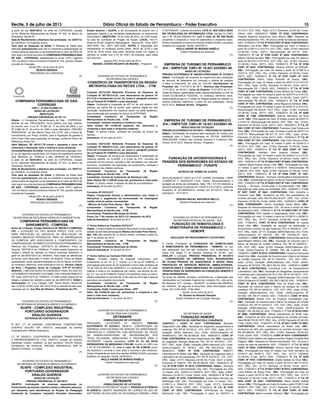 Recife, 5 de julho de 2013 Diário Oficial do Estado de Pernambuco - Poder Executivo 15
O DETRAN/PE. Licitante vencedora: LOTE 01: BID COM E SERV
EM TECNOLOGIA DA INFORMAÇÃO LTDA, inscrita no CNPJ
sob o Nº 05.020.356/0001-00, com o valor de R$ 259.750,00
(duzentos e cinqüenta e nove mil setecentos e cinqüenta reais).
Diretor Presidente em exercício resolve HOMOLOGAR o processo
licitatório em epígrafe. Recife, 04/07/2013.
PAULO ANDRÉ DE MORAIS RABÊLO
Diretor Presidente em exercício
(F)
EMPRESA DE TURISMO DE PERNAMBUCO
S/A – EMPETUR. CNPJ Nº 10.931.533/0001-40.
AVISO DE LICITAÇÃO
PREGÃO ELETRÔNICO Nº 040/2013-PROCESSO Nº 372/2013
Objeto: Contratação de empresa de engenharia para prestação
de serviços de tratamento em concreto e pintura de paredes
e tetos e tratamento em piso do CECON. Recebimento de
Proposta: até 17.07.2013 às 09 h. Abertura das Propostas:
17.07.2013, às 09:05 h. Início da Disputa: 17.07.2013 as 10 h.
Todas as etapas supracitadas serão operacionalizadas no link da
CAIXA ECONOMICA FEDERAL, no endereço eletrônico www.
redecompras.pe.gov.br. O edital na integra poderá ser retirado no
mesmo endereço eletrônico, a partir da sua publicação. Olinda
04.07.2013. Aldemar Novais - Pregoeiro.
(F)
EMPRESA DE TURISMO DE PERNAMBUCO
S/A – EMPETUR. CNPJ Nº 10.931.533/0001-40.
RESULTADO DE LICITAÇÃO
PREGÃO ELETRÔNICO Nº 031/2013 – PROCESSO Nº 253/2013
Objeto: Contratação de empresa para aquisição de cortina com
instalação para o Teatro Guararapes do CECON. EMPRESA
VENCEDORA: Palácio das Cortinas Industria e Comercio Ltda.
Olinda, 04.07.2013. Aldemar Novais - Pregoeiro.
(F)
FUNDAÇÃO DE APOSENTADORIAS E
PENSÕES DOS SERVIDORES DO ESTADO DE
PERNAMBUCO - FUNAPE
EXTRATO DE TERMO DE AJUSTE
Termo de Ajuste Nº 1/2012 ao CT Nº 12/2009; Contratada – OMNI
COMÉRCIO E SERVIÇOS LTDA. Objeto: Reconhecimento e
quitação de divida da contratante. Valor: R$ 1.311,50 referente a
serviços prestados no período de 1º/6/2012 a 31/7/2012, conforme
Empenho Nº 2012NE000313, emitido em 9/11/2012. Data da
assinatura – 16/11/2012.
DÉBORA MACIEL MAYRINCK MELLO
Diretora-Presidente em exercício
(F)
GOVERNO DO ESTADO DE PERNAMBUCO
SECRETARIA ESTADUAL DE SAÚDE - SES
FUNDAÇÃO DE HEMATOLOGIA E
HEMOTERAPIA DE PERNAMBUCO –
HEMOPE
ANULAÇÃO DE PROCEDIMENTO LICITATÓRIO
O Diretor Presidente da FUNDAÇÃO DE HEMATOLOGIA
E HEMOTERAPIA DE PERNAMBUCO - HEMOPE, no uso
das atribuições que lhe são conferidas, com fundamento no
inciso VIII, Artigo 7º do Decreto Estadual Nº 32.541, vem
ANULAR a Licitação: PREGÃO PRESENCIAL Nº 001/2013
- CONTRATAÇÃO DE EMPRESA E/OU SEGURADORA
DE PLANO PRIVADO DE ASSISTÊNCIA À SAÚDE PARA
PRESTAÇÃO DE SERVIÇOS MÉDICOS, AMBULATORIAIS,
HOSPITALARES E COMPLEMENTARES DE DIAGNÓSTICO E
TERAPIA PARA OS SERVIDORES DA FUNDAÇÃO HEMOPE E
SEUS DEPENDENTES.
Os autos do referido processo, encontram-se a disposição dos
interessados na Comissão Especial de Licitação-CEL, sita na Av.
Rui Barbosa, 375 – Graças – Recife/PE, no horário das 09h00min
às 13h00min, de segunda à sexta-feira. Mais informações pelos
fones: (81) 3182-4930 / 3182-4942.
Recife, 04 de Julho de 2013.
Dr. Divaldo de Almeida Sampaio
Diretor Presidente da Fundação Hemope
(F)
SECRETARIA DE SAÚDE
FUNDAÇÃO HEMOPE
EXTRATOS DE CONTRATOS E CONVÊNIOS
JUNHO/13 – CONT. Nº 9187. CONTRATADA: Biometix
Diagnostica Ltda. OBJ.: Aquisição de reagentes, equipamentos e
materiais, PEL RP Nº 021/2012 - CPL. DOT. ORÇ.: Ação: (2117);
Subação (0000) Natureza (33); Fonte: (0244).Empenho Nº
000854/2012. VRL R$ 58.580,48. ASS.: 06/06/2013. CONT. Nº
9188. CONTRATADA: Biometix Diagnostica Ltda. OBJ.: Aquisição
de reagentes, Biologia Molecular, PEL RP Nº 001/2012 - CPL.
DOT. ORÇ.: Ação: (2098); Subação (0000) Natureza (33); Fonte:
(0244).Empenho Nº 001007. VRL R$ 695.373,02. ASS.:
06/06/2013. CONT. Nº 9189. CONTRATADA: ABBOTT
Laboratórios do Brasil Ltda. OBJ.: Aquisição de reagentes para o
Laboratório de Imunopatologia, PEL RP Nº 022/2012 - CPL. DOT.
ORÇ.: Ação: (2117); Natureza (33.90.30); Fonte: (0241 e 0244).
Empenho Nº 000614. VRL R$ 90.380,00. ASS.: 06/06/2013. 4º
T.A. Nº 9190 CONT. Nº 8015. CONTRATADA: SAAG – Serviços
de Assessoria e Administração Ltda. OBJ.: Prorrogação por mais
12 meses. VIG.: 23/05/13 a 22/05/14. DOT. ORÇ.: Ação: (4362);
Elemento (33.90.37); Fonte: (0244). ASS.: 06/06/2013. 5º T.A. Nº
9191 CONT. Nº 6753. CONTRATADA: Santa Maria Serviços de
Radiologia Ltda. OBJ.: Prorrogação por mais 12 meses. VIG.:
01/05/13 a 30/04/14. DOT. ORÇ.: Ação: (2117); Elemento
(33.90.39); Fonte: (0244). ASS.: 31/05/2013. 8º T.A. Nº 9192
CONT. Nº 6570. CONTRATADA: NTN-Núcleo de Terapia
Nutricional Ltda. OBJ.: Prorrogação a partir de 02/03/13 a
01/12/13. DOT. ORÇ.: Ação: (2117); Elemento (33.90.39); Fonte:
(0244). ASS.: 05/06/2013. CONV. Nº 9193. CONVENIADO:
Hospital Regional Garanhuns Dom Moura. OBJ.: Repasse de
Hemocomponentes. VIG.: 05 anos a contar da data da assinatura.
ASS.: 07/06/2013. 4º T.A. Nº 9194 CONT. Nº 6440. CONTRATADO:
Wellington Luiz Alves. OBJ.: Prorrogação por mais 12 meses a
partir de 01/08/13 a 31/07/14. DOT. ORÇ.: Ação: (2100); Natureza
(31.90.04); Fonte: (0271). Remuneração R$ 817,70. ASS.:
10/06/2013. 3º T.A. Nº 9195 CONT. Nº 6529. CONTRATADO:
Ademir Oliveira de Melo. OBJ.: Prorrogação por mais 24 meses a
partir de 08/10/12 a 07/10/14. DOT. ORÇ.: Ativ.: (2100); Elemento
(31.90.04); Fonte: (0271). ASS.: 10/06/2013. 3º T.A. Nº 9196
CONT. Nº 6423. CONTRATADA: Silvania Amorim de Andrade.
OBJ.: Prorrogação por mais 24 meses a partir de 01/08/12 a
31/07/14. DOT. ORÇ.: Ativ.: (2100); Elemento (31.90.04); Fonte:
(0271). ASS.: 10/06/2013. 2º T.A. Nº 9197 CONT. Nº 7412.
CONTRATADA: Breno César Andrade de Araújo. OBJ.:
Prorrogação por mais 18 meses a partir de 02/07/13 a 01/01/15.
DOT. ORÇ.: Ação: (2100); Elemento (31.90.04); Fonte: (0271).
Remuneração R$ 1.139,00. ASS.: 10/06/2013. 2º T.A. Nº 9198
CONT. Nº 7449. CONTRATADA: Ericka Martins de Farias. OBJ.:
Prorrogação por mais 18 meses a partir de 02/07/13 a 01/01/15.
DOT. ORÇ.: Ação: (2100); Elemento (31.90.04); Fonte: (0271).
Remuneração R$ 629,00. ASS.: 10/06/2013. 2º T.A. Nº 9199
CONT. Nº 7401. CONTRATADA: Uilma Miguel de Santana. OBJ.:
Prorrogação por mais 18 meses a partir de 02/07/13 a 01/01/15.
Remuneração R$ 629,00. DOT. ORÇ.: Ação: (2100); Elemento
(31.90.04); Fonte: (0271). ASS.: 10/06/2013. 2º T.A. Nº 9200
CONT. Nº 7396. CONTRATADO: Ademar Marcelino da Silva
Junior. OBJ.: Prorrogação por mais 18 meses a partir de 02/07/13
a 01/01/15. Remuneração R$ 629,00. DOT. ORÇ.: Ativ.: (2100);
Elemento (31.90.04); Fonte: (0271). ASS.: 29/05/2013. 2º T.A. Nº
9201 CONT. Nº 7423. CONTRATADO: Francisco José Ferreira da
Silva. OBJ.: Prorrogação por mais 18 meses a partir de 02/07/13 a
01/01/15. Remuneração R$ 817,70. DOT. ORÇ.: Ação: (2100);
Elemento (31.90.04); Fonte: (0271). ASS.: 10/06/2013. 2º T.A. Nº
9202 CONT. Nº 7331. CONTRATADO: João Victor Souza e Silva.
OBJ.: Prorrogação por mais 18 meses a partir de 02/06/13 a
01/12/14. DOT. ORÇ.: Ativ.: (2100); Elemento (31.90.04); Fonte:
(0271). ASS.: 10/06/2013. 2º T.A. Nº 9203 CONT. Nº 7354.
CONTRATADO: Valdilson José Joaquim Feitosa. OBJ.:
Prorrogação por mais 18 meses a partir de 02/06/13 a 01/12/14.
DOT. ORÇ.: Ativ.: (2100); Elemento (31.90.04); Fonte: (0271).
ASS.: 10/06/2013. 4º T.A. Nº 9204 CONT. Nº 6464. CONTRATADA:
Catarina Maria Soares Souza Lima. OBJ.: Prorrogação por mais
12 meses a partir de 05/09/13 a 04/09/14. Remuneração R$
5.995,00. DOT. ORÇ.: Ação: (2100); Elemento (31.90.04); Fonte:
(0271). ASS.: 10/06/2013. 8º T.A. Nº 9205 CONT. Nº 7491.
CONTRATADA: Serquip – Serviços, Construções e Equipamentos
Ltda. OBJ.: Substituição de gestor, conforme Portaria Nº 152/2012.
ASS.: 10/06/2013. 9º T.A. Nº 9206 CONT. Nº 7491. CONTRATADA:
Serquip – Serviços, Construções e Equipamentos Ltda. OBJ.:
Alteração da razão social da contratada. ASS.: 10/06/2013. 1º T.A.
Nº 9207 CONT. Nº 8641. CONTRATADA: Rem Indústria e
Comercio Ltda. OBJ.: Acréscimo de 25% dos quantitativos do
contrato principal. Valor R$ 815.000,00.DOT. ORÇ.: Ativ.: (2100);
Elemento (33.90.30); Fonte: (0244). ASS.: 14/06/2013. CONV. Nº
9208. CONVENIADO: Centro Hospitalar Santa Maria. OBJ.:
Repasse de Hemocomponentes. VIG.: 05 anos a contar da data
da assinatura. ASS.: 14/06/2013. 5º T.A. Nº 9209 CONT. Nº 7293.
CONTRATADA: RDX Gestão e Higienização Têxtil Ltda. OBJ.:
Prorrogação por mais 12 meses a partir de 27//05/13 a 26/05/14.
DOT. ORÇ.: Ativ.: (2117); Elemento (33.90.39); Fonte: (0244).
ASS.: 17/06/2013. CONT. Nº 9210. CONTRATADA: Air Liquide
Brasil Ltda. OBJ.: Prestação de serviços de distribuição e
fornecimento contínuo de gás medicinal, PEL Nº 005/2013 - CPL.
DOT. ORÇ.: Ação: (2117); Subação (0000);Natureza (33); Fonte:
(0244).Empenho Nº 001079. VRL R$ 740.852,76. ASS.:
14/06/2013. CONT. Nº 9211. CONTRATADA: Medical Mercantil de
Aparelhagem Médica Ltda. OBJ.: Aquisição de Insumos para o
Banco de Sangue de Cordão Umbilical, PEL RP Nº 020/2012 -
CPL. DOT. ORÇ.: Ação: (2100); Subação (0000);Natureza (33);
Fonte: (0244).Empenho Nº 000998. VRL R$ 4.524,00. ASS.:
14/06/2013. CONT. Nº 9212. CONTRATADA: Fresenius Hemocare
Brasil Ltda. OBJ.: Aquisição de Insumos para o Banco de Sangue
de Cordão Umbilical, PEL RP Nº 020/2012 - CPL. DOT. ORÇ.:
Ação: (2100); Subação (0000);Natureza (33); Fonte: (0244).
Empenho Nº 001002. VRL R$ 9.300,00. ASS.: 14/06/2013. CONT.
Nº 9213. CONTRATADA: Conceitual Com. de Equipamentos
Laboratórios Ltda. OBJ.: Aquisição de Reagentes, equipamentos
e materiais para Laboratório de HLA, PEL RP Nº 021/2012 - CPL.
DOT. ORÇ.: Ação: (2098); Subação (0000);Natureza (33); Fonte:
(0244).Empenho Nº 000852. VRL R$ 5.390,00. ASS.: 14/06/2013.
CONT. Nº 9214. CONTRATADA: Acts do Brasil Ltda. OBJ.:
Aquisição de insumos para o Banco de Sangue de Cordão
Umbilical, PEL RP Nº 020/2012 - CPL. DOT. ORÇ.: Ação: (2100);
Subação (0000);Natureza (33); Fonte: (0244).Empenho Nº
001008. VRL R$ 411.438,50. ASS.: 17/06/2013. CONT. Nº 9215.
CONTRATADA: Martell Com. de Produtos Hospitalares Ltda.
OBJ.: Aquisição de insumos para o Banco de Sangue de Cordão
Umbilical, PEL RP Nº 020/2012 - CPL. DOT. ORÇ.: Ação: (2100);
Subação (0000);Natureza (33); Fonte: (0244).Empenho Nº
000997. VRL R$ 500,00. ASS.: 17/06/2013. 1º T.A. Nº 9216 CONT.
Nº 8666. CONTRATADA: Abbott Laboratórios do Brasil Ltda.
OBJ.: Acréscimo de 25% dos quantitativos do contrato principal.
Valor R$ 96.750,00. DOT. ORÇ.:Ativ.: (2100); Elemento (33.90.30);
Fonte: (0244). ASS.: 17/06/2013. 1º T.A. Nº 9217 CONT. Nº 8667.
CONTRATADA: Abbott Laboratórios do Brasil Ltda. OBJ.:
Acréscimo de 25% dos quantitativos do contrato principal. Valor
R$ 483.885,00. DOT. ORÇ.: Ativ.: (2100); Elemento (33.90.30);
Fonte: (0244). ASS.: 17/06/2013. CONV. Nº 9218. CONVENIADO:
CEMUB-Centro Médico de Urgência de Boa Viagem (Hospital Boa
Viagem). OBJ.: Repasse de Hemocomponentes. VIG.: 05 anos a
contar da data da assinatura. ASS.: 17/06/2013. 1º T.A. Nº 9219
CONT. Nº 6530. CONTRATADO: Antonio Sancler Dias Santos.
OBJ.: Prorrogação por mais 24 meses com inicio retroativo de
07/04/10 até 04/09/12. DOT. ORÇ.: Ativ.: (2117); Elemento
(31.90.04); Fonte: (0271). ASS.: 17/06/2013. 2º T.A. Nº 9220
CONT. Nº 7010. CONTRATADA: Gisélia Batista da Silva. OBJ.:
Prorrogação por mais 24 meses a partir 02/10/13 até 01/10/15.
DOT. ORÇ.: Ativ.: (2117); Elemento (31.90.04); Fonte: (0271).
ASS.: 17/06/2013. 3º T.A. Nº 9221 CONT. Nº 6512. CONTRATADA:
Lúcia Helena de Araújo Piron. OBJ.: Prorrogação por mais 24
meses a partir 04/10/12 até 03/10/14. DOT. ORÇ.: Ativ.: (2117);
Elemento (31.90.04); Fonte: (0271). ASS.: 17/06/2013. 3º T.A. Nº
9222 CONT. Nº 6481. CONTRATADA: Maria Amélia Batista
Neves. OBJ.: Prorrogação por mais 24 meses a partir 07/09/12 até
06/09/14. DOT. ORÇ.: Ativ.: (2117); Elemento (31.90.04); Fonte:
(0271). ASS.: 17/06/2013. 3º T.A. Nº 9223 CONT. Nº 6459.
CONTRATADA: Maria Ivonisete Sobreira. OBJ.: Prorrogação por
a partir do dia 08/07/2013, na sede da COPERGÁS, situada
na Av. Marechal Mascarenhas de Morais, Nº 533, no Bairro da
Imbiribeira, Recife-PE.
Data de Recebimento e Abertura dos envelopes: Dia 22/07/13,
às 10h00min, no endereço acima.
Taxa para as despesas do Edital: A Retirada do Edital será
efetuada gratuitamente pelo site ou mediante a apresentação do
comprovante do depósito ou de transferência no valor de R$10,00
(dez reais) na conta bancária da COMPANHIA PERNAMBUCANA
DE GÁS – COPERGÁS, estabelecida na conta 1275-7 agência
1031 do Banco Caixa Econômica Federal Nº 104, quando retirado
na sede da Copergás.
Recife (PE), 04 de julho de 2013.
RENATO MENDES
PREGOEIRO DA COPERGÁS
(F)
ÁCOMPANHIA PERNAMBUCANA DE GÁS-
COPERGÁS
CNPJ – 41.025.313/0001-81
AVISO DE LICITAÇÃO
REPETIÇÃO
PREGÃO PRESENCIAL Nº 021.13
Objeto: A Companhia Pernambucana de Gás - COPERGÁS,
através do seu PREGOEIRO, torna público que fará realizar,
de acordo com a Lei Nº 10.520 de 17 de julho de 2002 e Lei
Nº 8.666 de 21 de junho de 1993 e suas alterações, PREGÃO
PRESENCIAL, do tipo Menor Preço Por LOTE, sob a Forma de
Fornecimento por Preço Unitário, para a Aquisição de gaveta e
HD’s (Hard Disk) para expansão do storage, conforme Termo de
Referencia Anexo Q4.
Valor Máximo: R$ 165.817,79 (cento e sessenta e cinco mil
oitocentos e dezessete reais e setenta e nove centavos).
Consulta/Retirada do Edital: Através do site www.copergas.com.
br, ou de segunda a sexta-feira, em horário de expediente externo
(das 08h00min às 12h00min e das 14h00min às 17h30min),
a partir do dia 08/07/2013, na sede da COPERGÁS, situada
na Av. Marechal Mascarenhas de Morais, Nº 533, no Bairro da
Imbiribeira, Recife-PE.
Data de Recebimento e Abertura dos envelopes: Dia 19/07/13,
às 10h00min, no endereço acima.
Taxa para as despesas do Edital: A Retirada do Edital será
efetuada gratuitamente pelo site ou mediante a apresentação do
comprovante do depósito ou de transferência no valor de R$10,00
(dez reais) na conta bancária da COMPANHIA PERNAMBUCANA
DE GÁS – COPERGÁS, estabelecida na conta 1275-7 agência
1031 do Banco Caixa Econômica Federal Nº 104, quando retirado
na sede da Copergás.
Recife (PE), 04 de julho de 2013.
RENATO MENDES
PREGOEIRO DA COPERGÁS
(F)
GOVERNO DO ESTADO DE PERNAMBUCO
SECRETARIA DE RECURSOS HÍDRICOS E ENERGÉTICOS
COMPANHIA PERNAMBUCANA DE
SANEAMENTO - COMPESA
Aviso de Licitação: Pregão Eletrônico Nº 080/2013 COMPESA/
CPL – LICITAÇÃO DO TIPO MENOR PREÇO, POR LOTE,
PARA PRESTAÇÃO DE SERVIÇOS DE REALIZAÇÃO DE
EXAMES MÉDICOS PERIÓDICOS PARA OS EMPREGADOS
DA COMPESA NÃO ASSOCIADOS À COMPESAPREV OU
COMPESASAÚDE,NOÂMBITODOESTADODEPERNAMBUCO.
Abertura das Propostas: 19/07/2013 às 09h00min. Início da
Disputa: 19/07/2013 às 15h00min. O edital estará disponível na
integra e poderá ser retirado no mesmo endereço eletrônico, a
partir do dia 05/07/2013 às 14h00min. Para todas as referências
de tempo será observado o horário de Brasília. Todas as etapas
supracitadas, serão operacionalizadas no link do Banco do Brasil,
no endereço eletrônico www.licitacoes-e.com.br. Silvana Cabral
da Silva – Pregoeira. Aviso de Licitação: ETP Nº 011/2013
DRA/CPL – IMPLANTAÇÃO DO EMISSÁRIO FINAL DO SES DO
LOTEAMENTO ENGENHO COLOMBO, EM JOAQUIM NABUCO/
PE. Data: 26/07/2013 às 10h00min. O Edital estará disponível na
integra e poderá ser retirado a partir do dia 09/07/2013. Edital e
Informações: Av. Cruz Cabugá, 1387, Santo Amaro, Recife-PE
das 13:30 às 16:00h, fone: 081-3412.9130 ou através do site www.
compesa.com.br. Ana Rita de Oliveira – Presidente da CPL.
(F)
GOVERNO DO ESTADO DE PERNAMBUCO
SECRETARIA DE DESENVOLVIMENTO ECONÔMICO
SUAPE - COMPLEXO INDUSTRIAL
PORTUÁRIO GOVERNADOR
ERALDO GUEIROS
EXTRATOS DE CONTRATO E ADITIVO
6º ADT. CT. Nº 030/2009. CONTRATADA: CONSTRUTORA
QUEIROZ GALVÃO S/A. OBJETO: adequação da planilha
contratual sem reﬂexos ﬁnanceiros.
CT. Nº 032/2013. CONTRATADA: AGEMAR TRANSPORTES
E EMPREENDIMENTOS LTDA. OBJETO: locação de módulos
habitáveis modelo contêiner do tipo escritório. VALOR ANUAL
ESTIMADO: R$ 79.600,00. PREGÃO PRESENCIAL SRP Nº
006/2013 PRAZO: 12 meses.
(F)
GOVERNO DO ESTADO DE PERNAMBUCO
SECRETARIA DE DESENVOLVIMENTO ECONÔMICO
SUAPE - COMPLEXO INDUSTRIAL
PORTUÁRIO GOVERNADOR
ERALDO GUEIROS
AVISO DE LICITAÇÃO
PREGÃO PRESENCIAL No
007/2013
OBJETO: Contratação de empresa especializada no
fornecimento de lanches (manhã e tarde) e refeições (almoço),
por demanda, para atendimento ao Projeto de Pedagogia
Ambiental do Complexo Industrial Portuário Governador
Eraldo Gueiros – SUAPE, a ser processada de acordo com a
legislação vigente e as condições estabelecidas no instrumento
convocatório. ABERTURA: 18 de Julho de 2013, às 10:00 horas,
na sala da Comissão de Pregão de Suape. LOCAL: Km.10,
Rodovia PE-60, Engenho Massangana - Ipojuca-PE. Fone: (081)
3527-5025. Fax: (081) 3527-5024. EDITAL à disposição dos
interessados no endereço acima citado, 08:00 às 12:00 e das
14:00 às 16:00 horas, dias úteis, devendo portar CD virgem e
carimbo ou cartão com o Nº do CNPJ da empresa, para cópia
dos arquivos.
Ipojuca (PE), 04 de Julho de 2013
MANOEL CÍCERO RICARTE DE MOURA – Pregoeiro
(F)
GOVERNO DO ESTADO DE PERNAMBUCO
SECRETARIA DAS CIDADES
CONSÓRCIO DE TRANSPORTES DA REGIÃO
METROPOLITANA DO RECIFE LTDA. – CTM
Contrato 03713.032 Referente Processo de Dispensa de
Licitação Nº 007/2013-CJU, com observância do parecer Nº
017-CJU e fundamento no art. 24, inciso II, parágrafo primeiro
da Lei Federal Nº 8.666/93 e suas alterações.
Objeto: Confecção e impressão de 457 m² de vinil adesivo 440
gramas, da marca 3M ou similar, pelo sistema digital em alta
resolução, acabamento em blackout (preto na parte posterior),
para sinalização das paradas de ônibus do STPP/RMR.
Contratante: Consórcio de Transportes da Região
Metropolitana do Recife Ltda. - CTM
Contratada: Cardoso Indústria e Comércio Ltda.
Valor Global: R$ 14.852,50 (quatorze mil, oitocentos e
cinqüenta e dois reais e cinquenta centavos)
Prazo: 12 (doze) meses, contados da emissão da Ordem de
Serviço.
Assinatura: 03 de julho de 2013
Contrato 03413.034 Referente Processo de Dispensa de
Licitação Nº 006/2013-CJU, com observância do parecer Nº
015-CJU e fundamento no art. 24, inciso II, parágrafo primeiro
da Lei Federal Nº 8.666/93 e suas alterações.
Objeto: Prestação de serviços de recebimento e destinação de
resíduos sólidos, na CLASSE 2 A (Lodo de ETE, oriundos da
produção de lixo comum, varrição e não recicláveis), em vala não
exclusiva, consistente nas operações de recebimento, medição e
aterramento dos citados resíduos.
Contratante: Consórcio de Transportes da Região
Metropolitana do Recife Ltda. - CTM
Contratada: Central de Tratamento de Resíduos Ltda.
Valor Global: R$ 11.520,00 (onze mil, quinhentos e vinte reais)
Prazo: 12 (doze) meses, contados da data de sua assinatura.
Assinatura: 04 de julho de 2013
Convênio Nº 01012.017
Objeto: Cooperação técnica e administrativa com vistas a
disciplinar o pagamento da remuneração do empregado
cedido entre as partes convenentes:
- Mônica da Costa Pinto Neves – Mat. 139
Convenente: Consórcio de Transportes da Região
Metropolitana do Recife Ltda. - CTM
Convenente: Prefeitura Municipal de Olinda
Prazo: De 1º de outubro de 2012 a 31 dezembro de 2012
Data de Assinatura: 30 de abril de 2013
1º Termo Aditivo ao Convênio 01012.017
Objeto: Constitui objeto do presente instrumento a prorrogação da
cessão da servidora/empregada Mônica da Costa Pinto Neves -
Mat. 139, pelo período de 12 (doze) meses, contados a partir do
dia 1º de janeiro de 2013.
Convenente: Consórcio de Transportes da Região
Metropolitana do Recife Ltda. - CTM
Convenente: Prefeitura Municipal de Olinda
Data de Assinatura: 30 de abril de 2013
2º Termo Aditivo ao Contrato 01013.020
Objeto: Constitui objetos do presente instrumento com
fundamento no art. 57, § 1º, incisos I a V da Lei Nº 8.666/93, a
prorrogação pelo prazo de 45 (quarenta e cinco) dias contados de
15 de maio de 2013 até 29/06/2013, e o acréscimo de 7,31 (sete
inteiros e trinta e um centésimos por cento), nos termos do art.
65, § 1º da Lei Nº 8.666/93, ﬁcando convalidados todos os atos e
efeitos realizados no período de 15 de maio de 2013 até a data de
assinatura do presente instrumento
Contratante: Consórcio de Transportes da Região
Metropolitana do Recife Ltda. - CTM
Contratante: Kallik Construções Eireli – EPP
Valor: R$ 10.558,29 (dez mil, quinhentos e cinqüenta e oito
reais e vinte nove centavos)
Data de Assinatura: 21 de junho de 2013
(F)
GOVERNO DO ESTADO DE PERNAMBUCO
SECRETARIA DAS CIDADES
DETRAN/PE
HOMOLOGAÇÃO DE LICITAÇÃO
PROCESSO LICITATÓRIO Nº 095/2013. PREGÃO
ELETRÔNICO Nº 033/2013. OBJETO: CONTRATAÇÃO DE
EMPRESA ESPECIALIZADA EM SERVIÇO DE MANUTENÇÃO
PREVENTIVA E CORRETIVA COM REPOSIÇÃO DE PEÇAS
DE APARELHOS/SISTEMA DE REFRIGERAÇÃO DOS
TIPOS GELADEIRA, BEBEDOURO E FRIGOBAR PARA O
DETRAN/PE. Licitante vencedora: LOTE 01: EJ DA SILVA
REPARADORA DE MÁQUINAS LTDA ME, inscrita no CNPJ sob
o Nº 07.316.856/0001-10, com o valor de R$ 5.299,98 (cinco
mil duzentos e noventa e nove reais e noventa e oito centavos).
Diretor Presidente em exercício resolve HOMOLOGAR o processo
licitatório em epígrafe. Recife, 04/07/2013.
PAULO ANDRÉ DE MORAIS RABÊLO
Diretor Presidente em exercício
(F)
GOVERNO DO ESTADO DE PERNAMBUCO
SECRETARIA DAS CIDADES
DETRAN/PE
HOMOLOGAÇÃO DE LICITAÇÃO
PROCESSO LICITATÓRIO Nº 103/2013. PREGÃO ELETRÔNICO
Nº 040/2013. OBJETO: AQUISIÇÃO DE LICENÇA DE USO DE
SOFTWARE DA SOLUÇÃO DE SEGURANÇA FIREWALL PARA
 