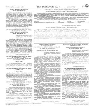 Nº 195, terça-feira, 8 de outubro de 2013 21ISSN 1677-7042
Este documento pode ser verificado no endereço eletrônico http://www.in.gov.br/autenticidade.html,
pelo código 00012013100800021
Documento assinado digitalmente conforme MP no- 2.200-2 de 24/08/2001, que institui a
Infraestrutura de Chaves Públicas Brasileira - ICP-Brasil.
1
ATO DECLARATÓRIO EXECUTIVO No- 15,
DE 7 DE OUTUBRO DE 2013
O DELEGADO DA RECEITA FEDERAL DO BRASIL EM
LIMEIRA, no uso das atribuições que lhe foram conferidas pelo
artigo 302, inciso III, do Regimento Interno da Secretaria da Receita
Federal do Brasil, aprovado pela Portaria MF n.º 203 de 14 de maio
de 2012 e, tendo em vista o disposto no artigo 37, inciso II, e no
artigo 39, inciso II, § 2º, da Instrução Normativa RFB nº 1.183, de 19
de agosto de 2011, alterada pela Instrução Normativa nº 1.210, de
16/11/2011, e, ainda, considerando o que consta do processo
10865.722419/2013-22, declara:
1º - INAPTA a inscrição nº 15.303.345/0001-91, no Cadastro
Nacional de Pessoa Jurídica - CNPJ, da pessoa jurídica denominada
QUICK EASY COMEX IMPORTAÇÃO E EXPORTAÇÃO DE
ELETRÔNICOS LTDA, em virtude da constatação da sua não lo-
calização no endereço constante do sistema CNPJ.
2º - Este Ato Declaratório Executivo entra em vigor na data
de sua publicação, retroagindo os seus efeitos a 28 de agosto de 2013,
considerando-se tributariamente inidôneos os documentos emitidos
pela pessoa jurídica acima mencionada a partir dessa data.
FRANCISCO CARLOS SERRANO
DELEGACIA DA RECEITA FEDERAL DO BRASIL
EM PRESIDENTE PRUDENTE
ATO DECLARATÓRIO EXECUTIVO No- 11,
DE 2 DE OUTUBRO DE 2013
Declara Baixada, por inexistência de fato, a
inscrição da Pessoa Jurídica, nos termos da
Instrução Normativa nº RFB nº 1.183 de 19
de agosto 2011.
O DELEGADO SUBSTITUTO DA RECEITA FEDERAL
DO BRASIL EM PRESIDENTE PRUDENTE, Estado de São Paulo,
no uso das atribuições que lhe são conferidas pelo Regimento Interno
da Secretaria da Receita Federal do Brasil, aprovado pela Portaria do
Ministério da Fazenda Nº 203, de 14 de maio de 2012, art.302, inciso
III, publicada no DOU em 17 de maio de 2012; considerando os
termos do artigo 27 e 29 da Instrução Normativa RFB nº 1.183 de 19
de agosto de 2011; e tendo em vista o não atendimento do Edital de
Intimação nº 215/2013, publicado no Diário Oficial da União, Seção
3, do dia 03/09/2013, decorrente do processo administrativo nº
10835.721111/2013-17, fica declarada:
Artigo 1º - BAIXADA, POR INEXISTÊNCIA DE FATO,
com efeitos a partir de 02/09/2013, a pessoa jurídica "PETROFRAN-
ÇA AUTO POSTO DE SERVIÇOS LTDA-ME", inscrita no Cadastro
Nacional de Pessoa Jurídica sob nº 04.385.702/0001-91, sendo con-
siderados tributariamente ineficazes os documentos emitidos pela
mesma a partir dessa data.
FÁBIO SUSSMANN NOGUEIRA
DELEGACIA DA RECEITA FEDERAL DO BRASIL
EM SÃO JOSÉ DOS CAMPOS
AGÊNCIA DA RECEITA FEDERAL DO BRASIL
EM MOGI DAS CRUZES
RETIFICAÇÃO
No ato Declaratório Executivo nº 56, de 1º de outubro de
2013, publicado no Diário Oficial da União em 3 de outubro de 2013,
Seção 1, página 53, onde se lê : "... com fundamento no artigo 28,
inciso II, ..." leia-se "... com fundamento no artigo 39, inciso II,
...".
DELEGACIA DA RECEITA FEDERAL DO BRASIL
EM SOROCABA
RETIFICAÇÃO
No Ato Declaratório Executivo nº 64, publicado no D.O.U.
de 07/10/2013, Seção 1, pág. 19, que declarou nula no Cadastro da
Pessoa Física- CPF, as inscrições nº 411.263.818-37 e nº 411.306.248-
03 do contribuinte CARLOS ALBERTO DA FONTOURA MEDEI-
ROS, onde se lê: "ATO DECLARATÓRIO EXECUTIVO Nº 64, DE
4 DE SETEMBRO DE 2013", leia-se: "ATO DECLARATÓRIO
EXECUTIVO Nº 64, DE 4 DE OUTUBRO DE 2013".
SUPERINTENDÊNCIA REGIONAL
DA 9a- REGIÃO FISCAL
DELEGACIA DA RECEITA FEDERAL DO BRASIL
EM FOZ DO IGUAÇU
ATO DECLARATÓRIO EXECUTIVO No- 179,
DE 3 DE OUTUBRO DE 2013
O DELEGADO DA RECEITA FEDERAL DO BRASIL EM
FOZ DO IGUAÇU-PR, no uso das atribuições que lhe são conferidas
pelo art. 302, do Regulamento Interno da Secretaria da Receita Fe-
deral do Brasil, aprovado pela Portaria MF nº 203, de 14 de maio de
2012, publicada no DOU de 17 de maio de 2012, com fundamento
nos arts. 32 a 34, da Instrução Normativa RFB nº 1.042, de 10 de
junho de 2010, resolve:
Artigo único. Declarar a nulidade das inscrições no Cadastro
de Pessoas Físicas (CPF) abaixo identificadas, com efeitos retroativos
à data da inscrição, tendo em vista a constatação de fraude, conforme
apurado no processo administrativo fiscal nº 10983.721261/2013-27.
CONTRIBUINTE CPF DATA DA INSCRIÇÃO
PAULO DE OLIVEIRA LIMA 042.873.779-07 19/04/2001
BACHIR ALI KAMMUNI 849.908.219-04 30/01/1991
RAFAEL RODRÍGUEZ DOLZAN
INSPETORIA DA RECEITA FEDERAL DO BRASIL EM CURITIBA
ATO DECLARATÓRIO EXECUTIVO No- 2, DE 4 DE OUTUBRO DE 2013
A Auditora-Fiscal da RFB que exerce a função de Inspetora-Chefe em Curitiba/PR, no uso da atribuição que lhe é conferida pelo inciso
III do art. 302 do Regimento Interno da Secretaria da Receita Federal do Brasil - aprovado pela Portaria MF n.º 203/2012 - c/c o art. 40, § 2º,
da Instrução Normativa RFB nº 1.183/2011, com base no art. 81, § 1º da Lei nº 9.430/1996, e observando ainda o disposto nos arts. 37, inciso
III, e 43 da referida Instrução Normativa, resolve:
Artigo 1º. Declarar inapta a inscrição no Cadastro Nacional da Pessoa Jurídica - CNPJ da sociedade empresária abaixo identificada,
conforme o resultado do procedimento de investigação contido no respectivo processo administrativo fiscal.
Artigo 2º. Declarar ineficazes, em termos tributários, os documentos emitidos pela pessoa jurídica a partir da data informada.
INTERESSADO CNPJ PROCESSO DATA DA INAPTIDÃO
RECH & PETRICH IMPORTAÇÃO E EXPORTAÇÃO LTDA - EPP 02.993.209/0001-29 15165.002956/2010-11 14/10/2010
CLÁUDIA REGINA LEÃO DO N. THOMAZ
ATO DECLARATÓRIO EXECUTIVO No- 3, DE 4 DE OUTUBRO DE 2013
A Auditora-Fiscal da RFB que exerce a função de Inspetora-Chefe em Curitiba/PR, no uso da atribuição que lhe é conferida pelo inciso
III do art. 302 do Regimento Interno da Secretaria da Receita Federal do Brasil - aprovado pela Portaria MF n.º 203/2012 - c/c o art. 40, § 2º,
da Instrução Normativa RFB nº 1.183/2011, com base no art. 81, § 1º da Lei nº 9.430/1996, e observando ainda o disposto nos arts. 37, inciso
III, e 43 da referida Instrução Normativa, resolve:
Artigo 1º. Declarar inapta a inscrição no Cadastro Nacional da Pessoa Jurídica - CNPJ da empresa individual de responsabilidade
limitada abaixo identificada, conforme o resultado do procedimento de investigação contido no respectivo processo administrativo fiscal.
Artigo 2º. Declarar ineficazes, em termos tributários, os documentos emitidos pela pessoa jurídica a partir da data informada.
INTERESSADO CNPJ PROCESSO DATA DA INAPTIDÃO
ERGONOFLEX COMERCIO DE MOVEIS EIRELI 10.644.829/0001-80 15165.003335/2010-54 19/11/2010
CLÁUDIA REGINA LEÃO DO N. THOMAZ
SUPERINTENDÊNCIA REGIONAL
DA 10a- REGIÃO FISCAL
ALFÂNDEGA DA RECEITA FEDERAL DO BRASIL
NO PORTO DO RIO GRANDE
PORTARIA No- 50, DE 7 DE OUTUBRO DE 2013
Disciplina os procedimentos relativos ao
embarque parcial de mercadorias na expor-
tação.
O INSPETOR-CHEFE DA ALFÂNDEGA DA RECEITA
FEDERAL DO BRASIL NO PORTO DO RIO GRANDE no uso das
atribuições que lhe conferem os artigos 302 e 314 do Regimento
Interno da Secretaria da Receita Federal do Brasil, aprovado pela
Portaria MF nº 203, de 14 de maio de 2012, e tendo em vista o
disposto no artigo 38 da Instrução Normativa SRF nº 28, de 27 de
abril de 1994, resolve:
Art. 1º Poderá ser autorizado o embarque em outro navio
com destino ao exterior da mercadoria amparada por despacho de
exportação, já desembaraçada que, devido a problemas operacionais
alheios à vontade do exportador, sofreu embarque parcial, nos termos
do art. 38 da IN SRF nº 28/94.
§ 1º O requerimento deverá ser apresentado pelo exportador
no setor de atendimento da ALF/RGE, como "Solicitação de Au-
torização para Embarque Parcial - Quebra de Lote", informando o
número da Declaração de Exportação, os contêineres que embarcaram
e os que serão embarcados, o nome do novo navio que os transportará
e a data prevista para a operação.
§ 2º O requerimento será instruído com::
I - Declaração do depositário atestando que os contêineres
permaneceram em seu recinto, e;
II - Declaração do transportador informando os contêineres
que embarcaram no navio originalmente designado, os respectivos
números da Escala, Manifesto e Conhecimentos Eletrônicos regis-
trados no Sicarga, o nome do navio que transportará os contêineres
restantes, a respectiva Escala registrada no Siscarga e a data prevista
para a operação.
§ 3° No momento da solicitação já deverão constar no Sis-
carga as retificações pertinentes ao embarque já realizado.
Art. 2º A solicitação será encaminhada ao Auditor-Fiscal
encarregado da análise dos despachos de exportação, para apreciação
e decisão sobre o pleito.
Art. 3° Ocorrendo o deferimento, o Auditor-Fiscal efetuará
de ofício a alteração do nome do navio no Siscomex, informando o
nome dos dois navios e reterá, para arquivamento, uma via do pedido
acompanhado dos demais documentos instrutivos, sendo a segunda
via devolvida ao interessado.
Art. 4° Compete ao interessado dar ciência ao depositário e
ao operador portuário do deferimento do pedido, para que seja pro-
videnciado o embarque.
Art. 5º Os casos omissos serão apreciados pelo Chefe da
Equipe Aduaneira 2 (EAD2) desta Alfândega.
Art. 6º Esta Portaria entra em vigor na data de sua pu-
blicação.
MARCO ANTÔNIO ALMEIDA MEDEIROS
DELEGACIA DA RECEITA FEDERAL DO BRASIL
EM PORTO ALEGRE
ATO DECLARATÓRIO EXECUTIVO No- 74,
DE 4 DE OUTUBRO DE 2013
Declara inapta de ofício, por omissa de de-
clarações, a inscrição no CNPJ
O DELEGADO DA RECEITA FEDERAL DO BRASIL EM
PORTO ALEGRE - RS, no uso das atribuições que lhe são conferidas
pelo inciso IX do art. 302 do Regimento Interno da Secretaria da
Receita Federal, aprovado pela Portaria MF nº 203, de 14.05.2012,
publicada no DOU de 17.05.2012 e tendo em vista o disposto no § 2º
do Art. 38 da IN RFB nº 1.183, de 19 de agosto de 2011,
DECLARA inapta de ofício a inscrição no CNPJ por omissa
de declarações, de acordo com o disposto no inciso I do Art. 37 da IN
RFB nº 1.183/2011, de:
CTI - COMÉRCIO E SERVIÇOS DE INFORMÁTICA LT-
DA- ME - CNPJ 04.605.797/0001-01
Os efeitos deste Ato Declaratório se darão a partir da data de
sua publicação.
LEOMAR WAYERBACHER
SECRETARIA DO TESOURO NACIONAL
CONSELHO CURADOR DO FUNDO
DE COMPENSAÇÃO DE VARIAÇÕES SALARIAIS
RESOLUÇÃO Nº 357, DE 3 DE OUTUBRO DE 2013
O CONSELHO CURADOR DO FUNDO DE COMPEN-
SAÇÃO DE VARIAÇÕES SALARIAIS - CCFCVS, considerando o
disposto no artigo 27 da Lei nº 10.150, de 21 de dezembro de 2000,
na Lei nº 12.409, de 25 de maio de 2011, e no inciso XII do artigo
1º do Regulamento anexo ao Decreto nº 4.378, de 16 de setembro de
2002, em sua 89ª reunião ordinária, realizada em 3 de outubro de
2013, resolve:
Art. 1° A Administradora do FCVS está autorizada a fazer
adiantamentos e reembolsos às seguradoras para cobertura de des-
pesas e indenizações de sinistros, decorrentes de ações judiciais en-
volvendo as garantias previstas na extinta Apólice do Seguro Ha-
bitacional/SFH e assumidas pelo FCVS exclusivamente quando:
I - Tratar-se de contratos de financiamento que contam com
a garantia de equilíbrio permanente em nível nacional do FCVS e que
estejam ativos no momento da propositura da ação;
II - Comprovado o vínculo entre o autor da ação, o contrato
de financiamento e o imóvel.
Art. 2° Ficam suspensas as análises de pedidos de reem-
bolsos e adiantamentos em situações que não se enquadrem na pre-
visão do Art. 1º até que sejam revistas as resoluções CCFVS n° 221,
de 04 de dezembro de 2007, n° 313, de 3 de julho de 2012, n° 316,
de 3 de julho de 2012, e n° 322, de 10 de outubro de 2012.
Parágrafo único. As propostas de adequação das resoluções
deverão ser apreciadas até a próxima reunião do CCFCVS.
Art. 3º Esta Resolução entra em vigor na data de sua pu-
blicação.
MARCUS PEREIRA AUCÉLIO
Presidente do Conselho
 