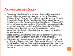 Akarsular ve göller Doğu Anadolu Bölgesi’nde yer alan Aras ve Kura nehirleri sularını ülkemiz toprakları dışarısında Hazar Denizi’ne dökerler. Fırat, Dicle ve Zap nehirleri ise sularını yine ülkemiz dışarısında Basra Körfezi’ne dökerler. Bölge akarsularının rejimi düzensizdir. Bunun nedeni; yağış rejiminin düzensizliği ve kış yağışlarının kar şeklinde düşmesidir. Kışın yağan karlar erimeden uzun süre yerde kaldığı için akarsuların debileri azalmaktadır. İlkbahar ve yaz aylarında eriyen karlar akarsuların debilerinin yükselmesine ve coşkun bir şekilde akmasına yol açar.