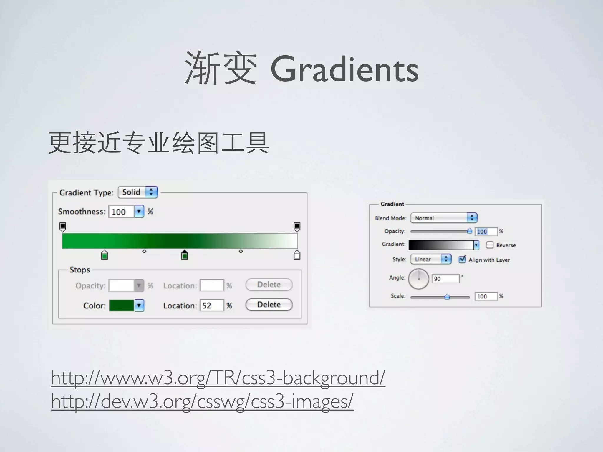 Gradients




http://www.w3.org/TR/css3-background/
http://dev.w3.org/csswg/css3-images/
 