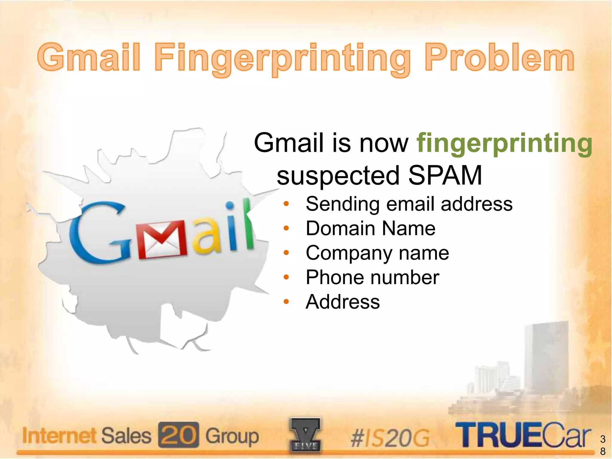 Gmail is now fingerprinting
suspected SPAM
• Sending email address
• Domain Name
• Company name
• Phone number
• Address
3
8
 