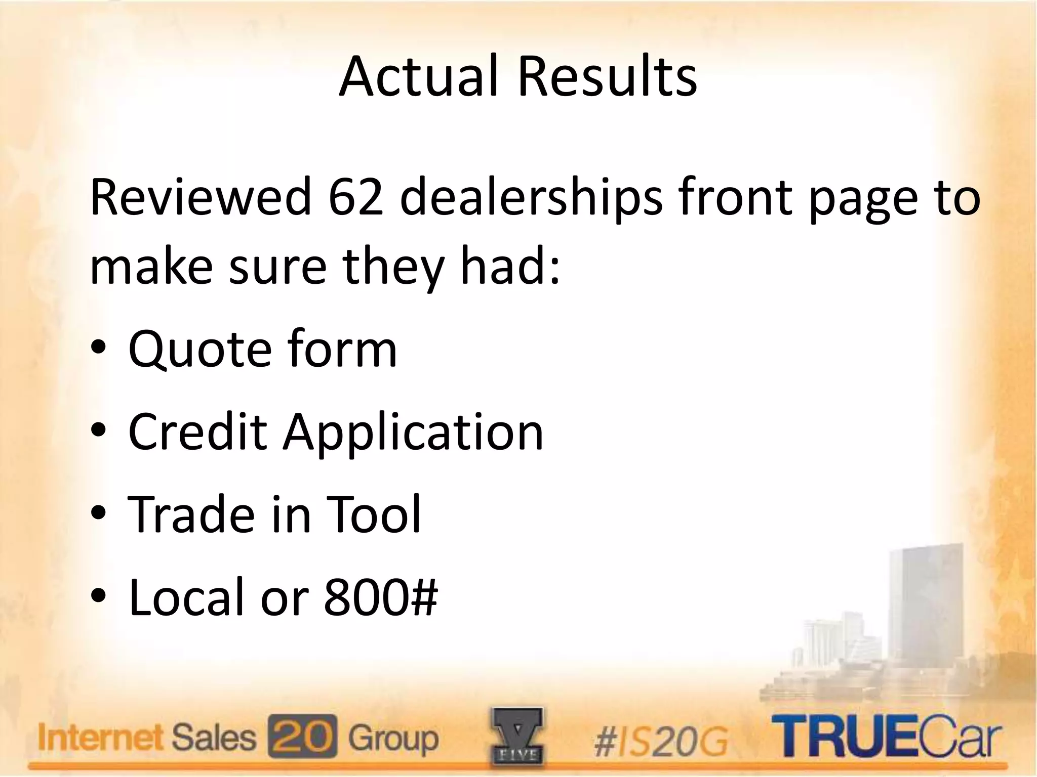 Actual Results
Reviewed 62 dealerships front page to
make sure they had:
• Quote form
• Credit Application
• Trade in Tool
• Local or 800#
 