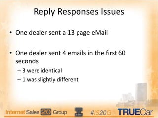 Reply Responses Issues
• One dealer sent a 13 page eMail
• One dealer sent 4 emails in the first 60
seconds
– 3 were identical
– 1 was slightly different
 