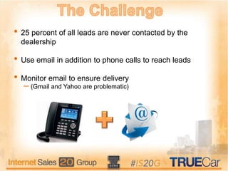 • 25 percent of all leads are never contacted by the
dealership
• Use email in addition to phone calls to reach leads
• Monitor email to ensure delivery
– (Gmail and Yahoo are problematic)
 