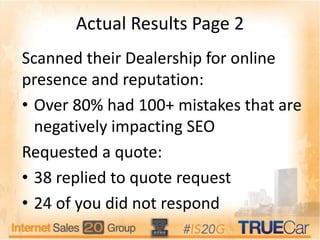 Actual Results Page 2
Scanned their Dealership for online
presence and reputation:
• Over 80% had 100+ mistakes that are
negatively impacting SEO
Requested a quote:
• 38 replied to quote request
• 24 of you did not respond
 