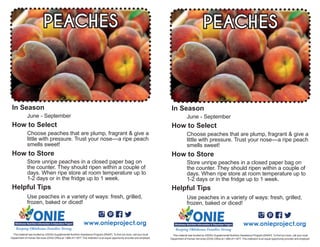 Use peaches in a variety of ways: fresh, grilled,
frozen, baked or diced!
June - September
Choose peaches that are plump, fragrant & give a
little with pressure. Trust your nose—a ripe peach
smells sweet!
PEACHES
Store unripe peaches in a closed paper bag on
the counter. They should ripen within a couple of
days. When ripe store at room temperature up to
1-2 days or in the fridge up to 1 week.
www.onieproject.org
This material was funded by USDA’s Supplemental Nutrition Assistance Program [SNAP]. To find out more, call your local
Department of Human Services (DHS) Office at 1.866.411.1877. This institution is an equal opportunity provider and employer.
In Season
How to Select
How to Store
Helpful Tips
Use peaches in a variety of ways: fresh, grilled,
frozen, baked or diced!
June - September
Choose peaches that are plump, fragrant & give a
little with pressure. Trust your nose—a ripe peach
smells sweet!
PEACHES
Store unripe peaches in a closed paper bag on
the counter. They should ripen within a couple of
days. When ripe store at room temperature up to
1-2 days or in the fridge up to 1 week.
www.onieproject.org
This material was funded by USDA’s Supplemental Nutrition Assistance Program [SNAP]. To find out more, call your local
Department of Human Services (DHS) Office at 1.866.411.1877. This institution is an equal opportunity provider and employer.
In Season
How to Select
How to Store
Helpful Tips
 