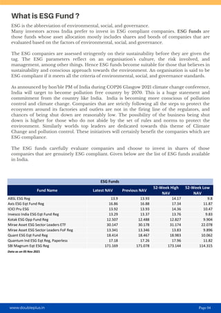 What is ESG Fund ?
ESG is the abbreviation of environmental, social, and governance.
Many investors across India prefer to invest in ESG compliant companies. ESG funds are
those funds whose asset allocation mostly includes shares and bonds of companies that are
evaluated based on the factors of environmental, social, and governance.
The ESG companies are assessed stringently on their sustainability before they are given the
tag. The ESG parameters reflect on an organisation’s culture, the risk involved, and
management, among other things. Hence ESG funds become suitable for those that believes in
sustainability and conscious approach towards the environment. An organisation is said to be
ESG compliant if it meets all the criteria of environmental, social, and governance standards.
As announced by hon'ble PM of India during COP26 Glasgow 2021 climate change conference,
India will target to become pollution free country by 2070. This is a huge statement and
commitment from the country like India. India is becoming more conscious of pollution
control and climate change. Companies that are strictly following all the steps to protect the
ecosystem around its factories and outlets are not in the firing line of the regulators, and
chances of being shut down are reasonably low. The possibility of the business being shut
down is higher for those who do not abide by the set of rules and norms to protect the
environment. Similarly worlds top leaders are dedicated towards this theme of Climate
Change and pollution control. These initiatives will certainly benefit the companies which are
ESG compliance.
The ESG funds carefully evaluate companies and choose to invest in shares of those
companies that are genuinely ESG compliant. Given below are the list of ESG funds available
in India.
www.doubleplus.in Page 04
 