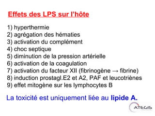 Effets des LPS sur l’hôte
1) hyperthermie
2) agrégation des hématies
3) activation du complément
4) choc septique
5) diminution de la pression artérielle
6) activation de la coagulation
7) activation du facteur XII (fibrinogène → fibrine)
8) induction prostagl.E2 et A2, PAF et leucotriènes
9) effet mitogène sur les lymphocytes B

La toxicité est uniquement liée au lipide A.
 