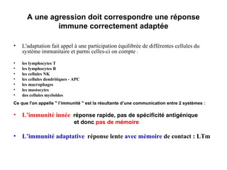 A une agression doit correspondre une réponse
              immune correctement adaptée

•   L'adaptation fait appel à une participation équilibrée de différentes cellules du
    système immunitaire et parmi celles-ci on compte :
•   les lymphocytes T
•   les lymphocytes B
•   les cellules NK
•   les cellules dendritiques - APC
•   les macrophages
•   les mastocytes
•   des cellules myéloïdes


Ce que l'on appelle " l’immunité " est la résultante d’une communication entre 2 systèmes :

• L’immunité innéeréponse rapide, pas de spécificité antigénique
                               et donc pas de mémoire

• L’immunité adaptativeréponse lente avec mémoire de contact : LTm
 
