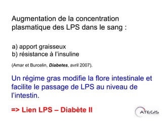 Augmentation de la concentration
plasmatique des LPS dans le sang :

a) apport graisseux
b) résistance à l’insuline
(Amar et Burcelin, Diabetes, avril 2007).


Un régime gras modifie la flore intestinale et
facilite le passage de LPS au niveau de
l’intestin.

=> Lien LPS – Diabète II
 