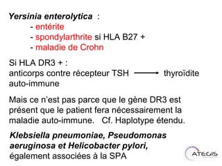 Yersinia enterolytica :
      - entérite
- spondylarthrite si HLA B27+
- maladie de Crohn
Si HLA DR3 + :
anticorps contre récepteur TSH         thyroïdite
auto-immune
Mais ce n’est pas parce que le gène DR3 est
présent que le patient fera nécessairement la
maladie auto-immune. Cf. Haplotype étendu.
Klebsiella pneumoniae, Pseudomonas
aeruginosa et Helicobacter pylori,
également associées à la SPA
 