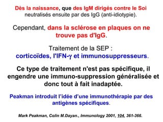 Dès la naissance, que des IgM dirigés contre le
    Soineutralisés ensuite par des IgG (anti-idiotypie).

 Cependant, dans la sclérose en plaques on ne
              trouve pas d'IgG.

             Traitement de la SEP :
  corticoïdes, l'IFN- et immunosuppresseurs.

  Ce type de traitement n'est pas spécifique, il
engendre une immuno-suppression généralisée et
           donc tout à fait inadaptée.
Peakman introduit l’idée d’une immunothérapie par des
               antigènes spécifiques.

   Mark Peakman, Colin M.Dayan., Immunology 2001, 104, 361-366.
 
