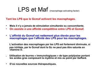 LPS et Maf                (macrophage activating factor)


Tant les LPS que le Gcmaf activent les macrophages.

•   Mais il n’y a jamais de stimulation simultanée ou concomitante.
• On assiste à une affinité compétitive entre LPS et Gcmaf.

• L’affinité du Gcmaf est nettement plus élevée pour les
  macrophages que l’affinité des LPS pour les macrophages.


    L’activation des macrophages par les LPS est fortement diminuée, si
    pas inhibée, par le Gcmaf dont la Gc ne peut pas être saturée en
    vitamine D.

.   Utilisation de leurres « immunologiques » de type polylysine portant
    les acides gras composant la myéline et mis au point par Geffard.

•   D’où nouvelles sources thérapeutiques.
 