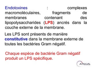Endotoxines : complexes macromoléculaires,
fragments de membranes contenant des
lipopolysaccharides (LPS) ancrés dans la
couche externe de la membrane.

Les LPS sont présents de manière
constitutive dans la membrane externe de
toutes les bactéries Gram négatif.

Chaque espèce de bactérie Gram négatif
produit un LPS spécifique.
 
