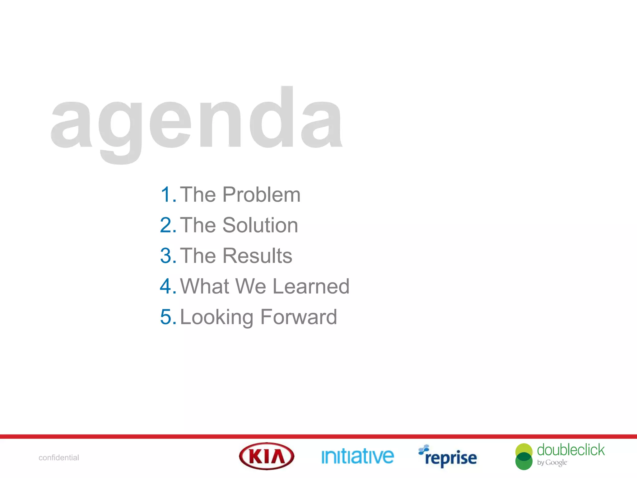 confidential
agenda
1.The Problem
2.The Solution
3.The Results
4.What We Learned
5.Looking Forward
 