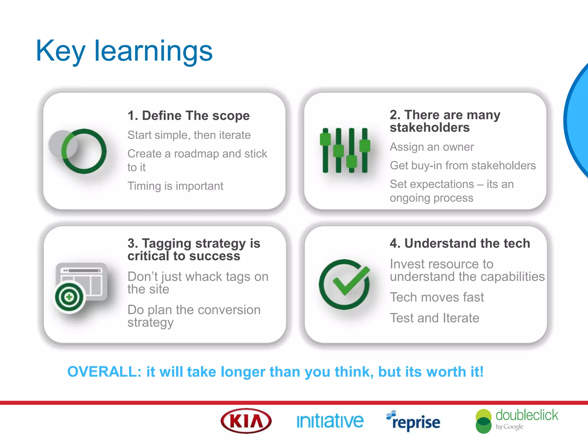 Key learnings
1. Define The scope
Start simple, then iterate
Create a roadmap and stick
to it
Timing is important
3. Tagging strategy is
critical to success
Don‟t just whack tags on
the site
Do plan the conversion
strategy
4. Understand the tech
Invest resource to
understand the capabilities
Tech moves fast
Test and Iterate
2. There are many
stakeholders
Assign an owner
Get buy-in from stakeholders
Set expectations – its an
ongoing process
OVERALL: it will take longer than you think, but its worth it!
 