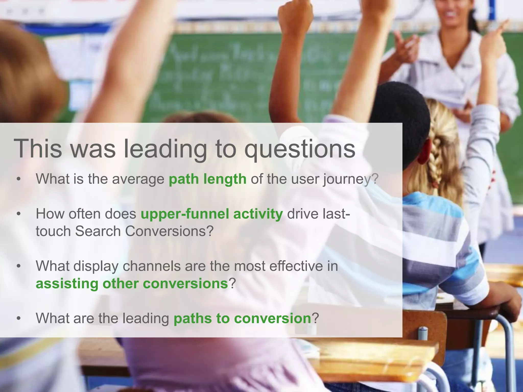 Many unanswered questions
This was leading to questions
• What is the average path length of the user journey?
• How often does upper-funnel activity drive last-
touch Search Conversions?
• What display channels are the most effective in
assisting other conversions?
• What are the leading paths to conversion?
 