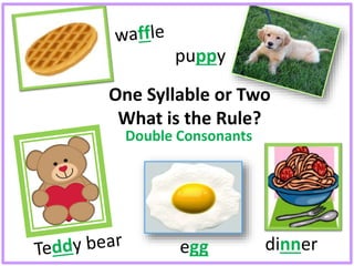 One Syllable or Two
What is the Rule?
Double Consonants
puppy
dinneregg
 