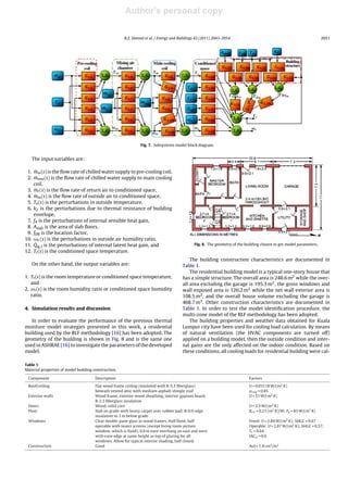 Author's personal copy
Journal Identiﬁcation = ENB Article Identiﬁcation = 3159 Date: July 19, 2011 Time: 7:28 pm
R.Z. Homod et al. / Energy and Buildings 43 (2011) 2043–2054 2051
Fig. 7. Subsystems model block diagram.
The input variables are:
1. ˙mw(s) is the ﬂow rate of chilled water supply to pre-cooling coil,
2. ˙mmw(s) is the ﬂow rate of chilled water supply to main cooling
coil,
3. ˙mr(s) is the ﬂow rate of return air to conditioned space,
4. ˙mos(s) is the ﬂow rate of outside air to conditioned space,
5. To(s) is the perturbations in outside temperature,
6. k2 is the perturbations due to thermal resistance of building
envelope,
7. f4 is the perturbations of internal sensible heat gain,
8. Aslab is the area of slab ﬂoors,
9. fDR is the location factor,
10. ωo (s) is the perturbations in outside air humidity ratio,
11. ˙Qig,l is the perturbations of internal latent heat gain, and
12. Tr(s) is the conditioned space temperature.
On the other hand, the output variables are:
1. Tr(s) is the room temperature or conditioned space temperature,
and
2. ωr(s) is the room humidity ratio or conditioned space humidity
ratio.
4. Simulation results and discussion
In order to evaluate the performance of the previous thermal
moisture model strategies presented in this work, a residential
building used by the RLF methodology [16] has been adopted. The
geometry of the building is shown in Fig. 8 and is the same one
used in ASHRAE [16] to investigate the parameters of the developed
model.
Fig. 8. The geometry of the building chosen to get model parameters.
The building construction characteristics are documented in
Table 1.
The residential building model is a typical one-story house that
has a simple structure. The overall area is 248.6 m2 while the over-
all area excluding the garage is 195.3 m2, the gross windows and
wall exposed area is 126.2 m2 while the net wall exterior area is
108.5 m2, and the overall house volume excluding the garage is
468.7 m3. Other construction characteristics are documented in
Table 1. In order to test the model identiﬁcation procedure, the
multi-zone model of the RLF methodology has been adopted.
The building properties and weather data obtained for Kuala
Lumpur city have been used for cooling load calculation. By means
of natural ventilation (the HVAC components are turned off)
applied on a building model, then the outside condition and inter-
nal gains are the only affected on the indoor condition. Based on
these conditions, all cooling loads for residential building were cal-
Table 1
Material properties of model building construction.
Component Description Factors
Roof/ceiling Flat wood frame ceiling (insulated with R-5.3 ﬁberglass)
beneath vented attic with medium asphalt shingle roof
U = 0.03118 W/(m2
K)
˛roof = 0.85
Exterior walls Wood frame, exterior wood sheathing, interior gypsum board,
R-2.3 ﬁberglass insulation
U = 51 W/(m2
K)
Doors Wood, solid core U = 2.3 W/(m2
K)
Floor Slab on grade with heavy carpet over rubber pad; R-0.9 edge
insulation to 1 m below grade
Rcvr = 0.21 (m2
K)/W; Fp = 85 W/(m2
K)
Windows Clear double-pane glass in wood frames. Half ﬁxed, half
operable with insect screens (except living room picture
window, which is ﬁxed). 0.6 m eave overhang on east and west
with eave edge at same height as top of glazing for all
windows. Allow for typical interior shading, half closed.
Fixed: U = 2.84 W/(m2
K); SHGC = 0.67
Operable: U = 2.87 W/(m2
K); SHGC = 0.57;
Tx = 0.64
IACcl = 0.6
Construction Good Aul = 1.4 cm2
/m2
 