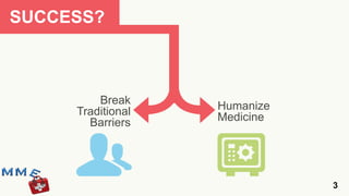 SUCCESS?



         Break     Humanize
     Traditional   Medicine
       Barriers




                              3
 