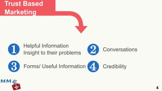 Trust Based
Marketing




❶    Helpful Information
                            ❷
     Insight to their problems
                                 Conversations


❸ Forms/ Useful Information
                            ❹ Credibility


                                                 4
 