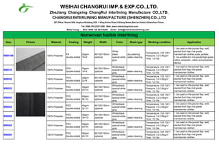 WEIHAI CHANGRUI IMP.& EXP.CO.,LTD.
ZheJiang Changxing ChangRui Interlining Manufacture CO.,LTD.
CHANGRUI INTERLINING MANUFACTURE (SHENZHEN) CO.,LTD
SZ Office: Room1506 Jinghua Building,XiDi 1 Alley,Xinhu Road,XiXiang Street,Bao'an District,Shenzhen China
Tel: 0086-755-23011369 Web: www.interliningchina.com
Bella Young Mob: 0086 138 2915 8200 Email: bella@charismainterlining.com
Nonwoven fusible interlining
Item. Picture Material Coating Weight Width Color Wash type Working condition Application
W8018A 100% Polyester
PA
double-dotted
25gsm
19+6
90/100/150cm
optional
White
black
special white
gray
dry-cleaning
water-cleaning
Temperature: 125-130℃
Pressure: 3.0-3.5kg/㎡
Time: 12-15s
1. be used on the pocket flap, welt,
placket front flap mid-grade
man/woman clothes,suits, jackets...
2. be suitable for mid-grade/high-grade
cotton, polyester, cotton and polyester
fabrics.
W8018 100% Polyester
PES
double-dotted
25gsm
19+6
90/100/150cm
optional
White/black
special white
gray
water-cleaning
Temperature: 125-130℃
Pressure: 3.0-3.5kg/㎡
Time: 12-15s
1. be used on the pocket flap, welt,
placket front flap mid-grade
man/woman clothes
2. be suitable for mid-grade/high-grade
W8030 100% Polyester
PES
double-dotted
30gsm
22+8
90/100/150cm
optional
White/black
special white
gray
water-cleaning
Temperature: 125-130℃
Pressure: 3.0-3.5kg/㎡
Time: 12-15s
1. be used on the pocket flap, welt,
placket front flap mid-grade
man/woman clothes
2. be suitable for mid-grade/high-grade
W8035 100% Polyester
PES
double-dotted
35gsm
25+10
90/100/150cm
optional
White/black
special white
gray
water-cleaning
Temperature: 125-130℃
Pressure: 3.0-3.5kg/㎡
Time: 12-15s
1. be used on the pocket flap, welt,
placket front flap mid-grade
man/woman clothes
2. be suitable for mid-grade/high-grade
W8040 100% Polyester
PES
double-dotted
40gsm
28+12
90/100/150cm
optional
White/black
special white
gray
water-cleaning
Temperature: 125-130℃
Pressure: 3.0-3.5kg/㎡
Time: 12-15s
1. be used on the pocket flap, welt,
placket front flap mid-grade
man/woman clothes
2. be suitable for mid-grade/high-grade
W8045 100% Polyester
PES
double-dotted
45gsm
32+13
90/100/150cm
optional
White/black
special white
gray
water-cleaning
Temperature: 125-130℃
Pressure: 3.0-3.5kg/㎡
Time: 12-15s
1. be used on the pocket flap, welt,
placket front flap mid-grade
man/woman clothes
2. be suitable for mid-grade/high-grade
W8050 100% Polyester
PES
double-dotted
50gsm
35+15
90/100/150cm
optional
White/black
special white
gray
water-cleaning
Temperature: 125-130℃
Pressure: 3.0-3.5kg/㎡
Time: 15-18s
1. be used on the pocket flap, welt,
placket front flap mid-grade
man/woman clothes
2. be suitable for mid-grade/high-grade
W8055 100% Polyester
PES
double-dotted
55gsm
40+15
90/100/150cm
optional
White/black
special white
gray
water-cleaning
Temperature: 125-130℃
Pressure: 3.0-3.5kg/㎡
Time: 15-18s
1. be used on the pocket flap, welt,
placket front flap mid-grade
man/woman clothes
2. be suitable for mid-grade/high-grade
W8060 100% Polyester
PES
double-dotted
60gsm
45+15
90/100/150cm
optional
White/black
special white
gray
water-cleaning
Temperature: 125-130℃
Pressure: 3.0-3.5kg/㎡
Time: 15-18s
1. be used on the pocket flap, welt,
placket front flap mid-grade
man/woman clothes
2. be suitable for mid-grade/high-grade
 