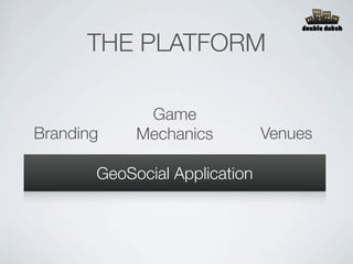 THE PLATFORM

             Game
Branding    Mechanics          Venues

       GeoSocial Application
 