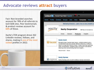 Page 31
© 2013 Marketo, Inc. Marketo Proprietary and Confidential
Advocate reviews attract buyers
Fact: Non-branded searches
account for 78% of all referrals to
tech B2B sites. Peer testimonials
& product reviews account for
60% of these.
Xactly’s FOX program drove 262
LinkedIn reviews, follows, and
shares, making it one of the most
visited profiles in 2012.
 