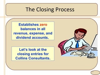 The Closing Process 4- Let’s look at the closing entries for Collins Consultants. Establishes  zero  balances in all revenue, expense, and dividend accounts.  