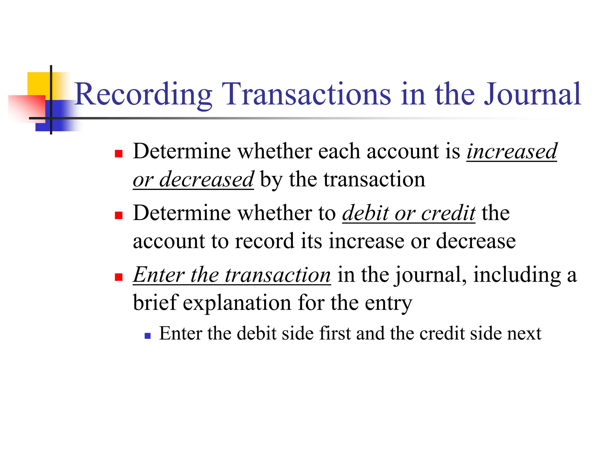Recording Transactions in the Journal
 Determine whether each account is increased
or decreased by the transaction
 Determine whether to debit or credit the
account to record its increase or decrease
 Enter the transaction in the journal, including a
brief explanation for the entry
 Enter the debit side first and the credit side next
 