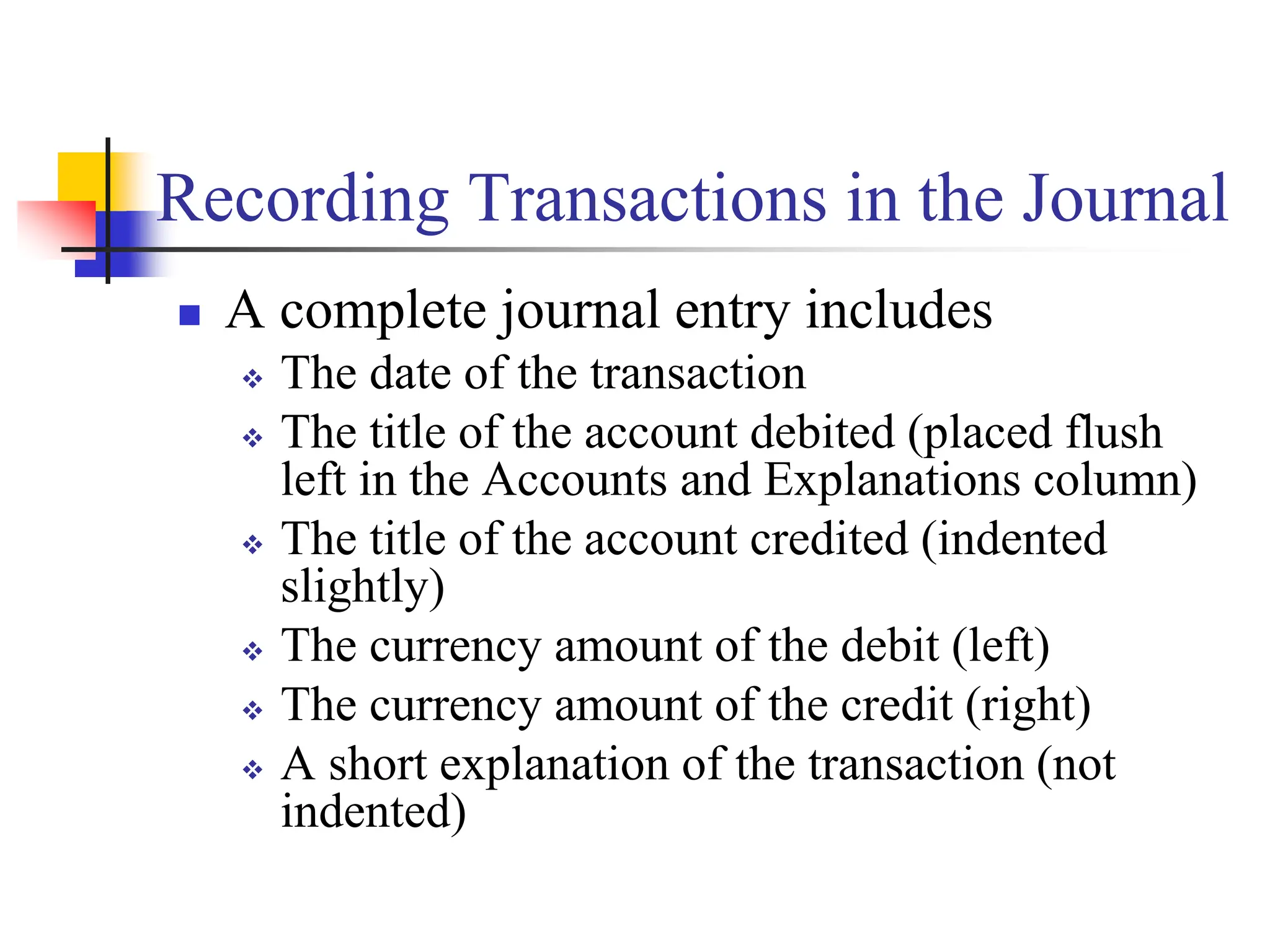 Recording Transactions in the Journal
 A complete journal entry includes
 The date of the transaction
 The title of the account debited (placed flush
left in the Accounts and Explanations column)
 The title of the account credited (indented
slightly)
 The currency amount of the debit (left)
 The currency amount of the credit (right)
 A short explanation of the transaction (not
indented)
 