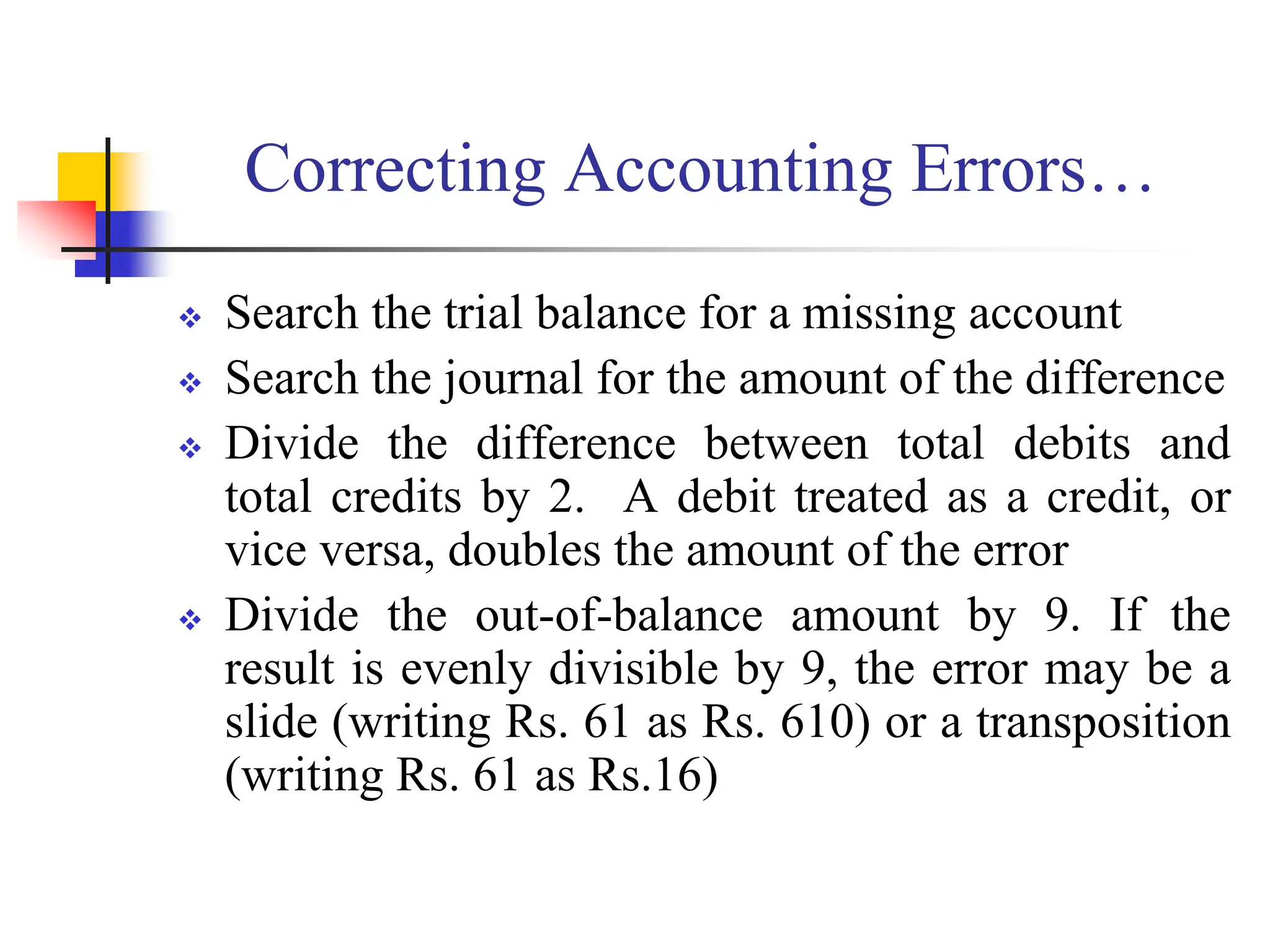  Search the trial balance for a missing account
 Search the journal for the amount of the difference
 Divide the difference between total debits and
total credits by 2. A debit treated as a credit, or
vice versa, doubles the amount of the error
 Divide the out-of-balance amount by 9. If the
result is evenly divisible by 9, the error may be a
slide (writing Rs. 61 as Rs. 610) or a transposition
(writing Rs. 61 as Rs.16)
Correcting Accounting Errors…
 