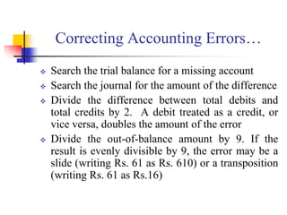  Search the trial balance for a missing account
 Search the journal for the amount of the difference
 Divide the difference between total debits and
total credits by 2. A debit treated as a credit, or
vice versa, doubles the amount of the error
 Divide the out-of-balance amount by 9. If the
result is evenly divisible by 9, the error may be a
slide (writing Rs. 61 as Rs. 610) or a transposition
(writing Rs. 61 as Rs.16)
Correcting Accounting Errors…
 
