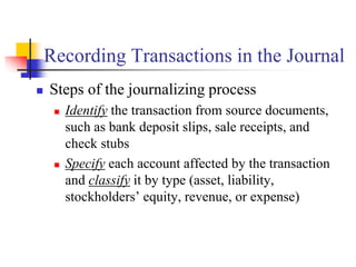 Recording Transactions in the Journal
 Steps of the journalizing process
 Identify the transaction from source documents,
such as bank deposit slips, sale receipts, and
check stubs
 Specify each account affected by the transaction
and classify it by type (asset, liability,
stockholders’ equity, revenue, or expense)
 