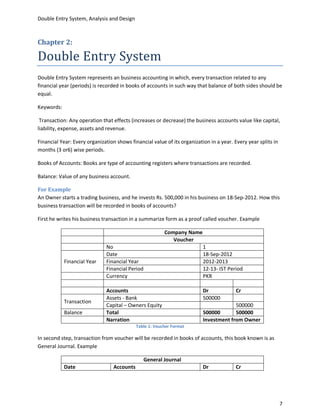 Double Entry System, Analysis and Design



Chapter 2:

Double Entry System
Double Entry System represents an business accounting in which, every transaction related to any
financial year (periods) is recorded in books of accounts in such way that balance of both sides should be
equal.

Keywords:

 Transaction: Any operation that effects (increases or decrease) the business accounts value like capital,
liability, expense, assets and revenue.

Financial Year: Every organization shows financial value of its organization in a year. Every year splits in
months (3 or6) wise periods.

Books of Accounts: Books are type of accounting registers where transactions are recorded.

Balance: Value of any business account.

For Example
An Owner starts a trading business, and he invests Rs. 500,000 in his business on 18-Sep-2012. How this
business transaction will be recorded in books of accounts?

First he writes his business transaction in a summarize form as a proof called voucher. Example

                                                          Company Name
                                                             Voucher
                              No                                          1
                              Date                                        18-Sep-2012
            Financial Year    Financial Year                              2012-2013
                              Financial Period                            12-13- IST Period
                              Currency                                    PKR

                              Accounts                                    Dr             Cr
                              Assets - Bank                               500000
            Transaction
                              Capital – Owners Equity                                  500000
            Balance           Total                                       500000       500000
                              Narration                                   Investment from Owner
                                             Table 1: Voucher Format

In second step, transaction from voucher will be recorded in books of accounts, this book known is as
General Journal. Example

                                                 General Journal
            Date                  Accounts                                Dr             Cr




                                                                                                               7
 