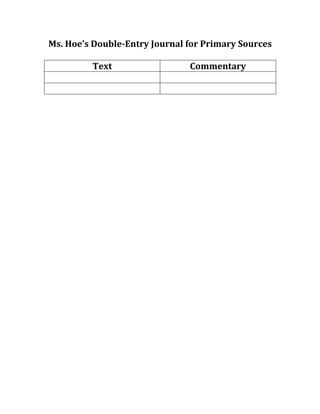Ms.	
  Hoe’s	
  Double-­‐Entry	
  Journal	
  for	
  Primary	
  Sources	
  
                                    	
  
                Text	
                        Commentary	
  
                  	
                                    	
  
                  	
                                    	
  
                                    	
  
 