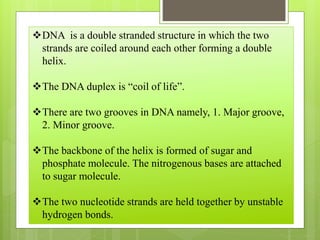 DNA is a double stranded structure in which the two
strands are coiled around each other forming a double
helix.
The DNA duplex is “coil of life”.
There are two grooves in DNA namely, 1. Major groove,
2. Minor groove.
The backbone of the helix is formed of sugar and
phosphate molecule. The nitrogenous bases are attached
to sugar molecule.
The two nucleotide strands are held together by unstable
hydrogen bonds.
 