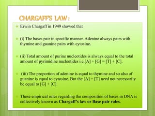  Erwin Chargaff in 1949 showed that
 (i) The bases pair in specific manner. Adenine always pairs with
thymine and guanine pairs with cytosine.
 (ii) Total amount of purine nucleotides is always equal to the total
amount of pyrimidine nucleotides i.e.[A] + [G] = [T] + [C].
 (iii) The proportion of adenine is equal to thymine and so also of
guanine is equal to cytosine. But the [A] + [T] need not necessarily
be equal to [G] + [C].
 These empirical rules regarding the composition of bases in DNA is
collectively known as Chargaff’s law or Base pair rules.
 