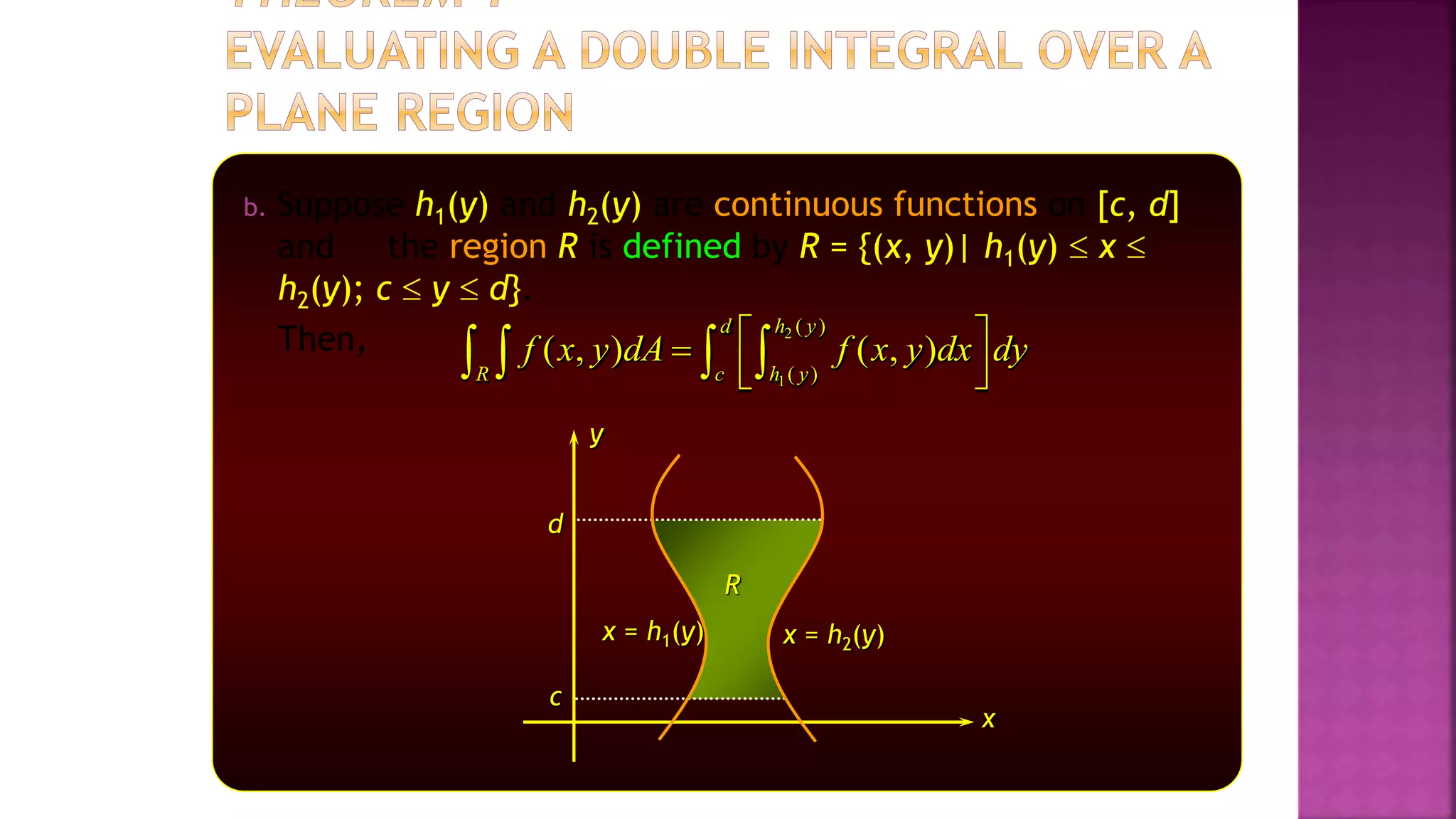 b. Suppose h1(y) and h2(y) are continuous functions on [c, d]
and the region R is defined by R = {(x, y)| h1(y)  x 
h2(y); c  y  d}.
Then, 2
1
( )
( )
( , ) ( , )
d h y
R c h y
f x y dA f x y dx dy
 

 
 
   
x
y
c
d
x = h1(y) x = h2(y)
R
 